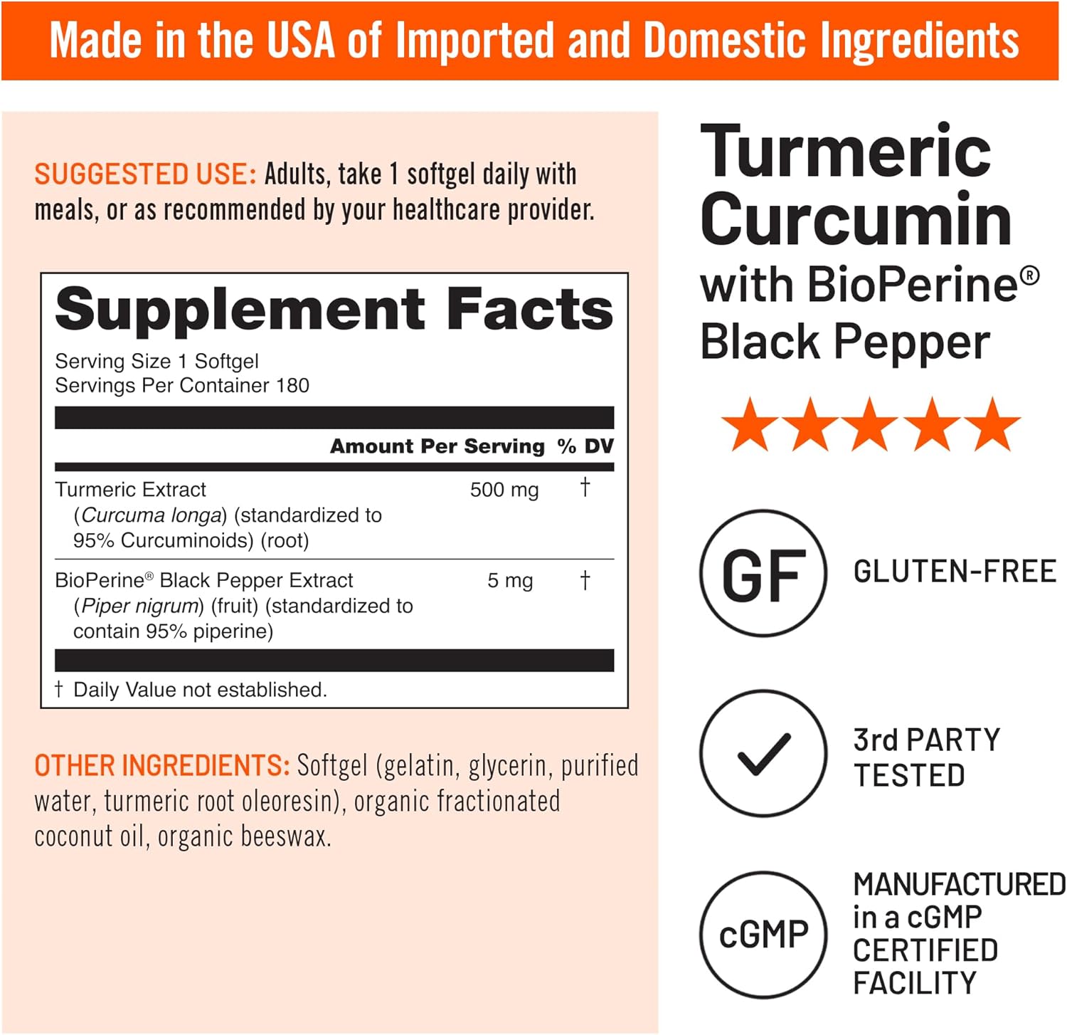 NatureWise Turmeric Curcumin 500mg with Black Pepper Softgels - Extra Strength, Enhanced Absorption - 95% Curcuminoids & BioPerine for Immune Support - Gluten-Free, Non-GMO - 180 Count[6-Month Supply] - Image 4