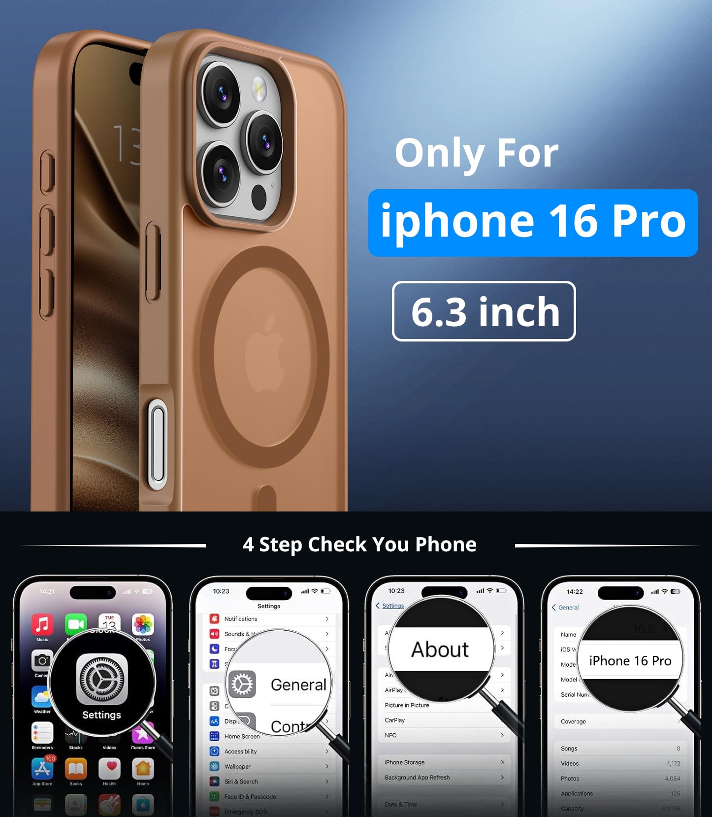 Vansdon Cover Magnetica per iPhone 16 Pro con 1 Pezzi Vetro Temperato, Compatibile con Magsafe, Protezione anticaduta di livello militare, Custodia Traslucida Opaca Sottile Antiurto-Marrone caffè