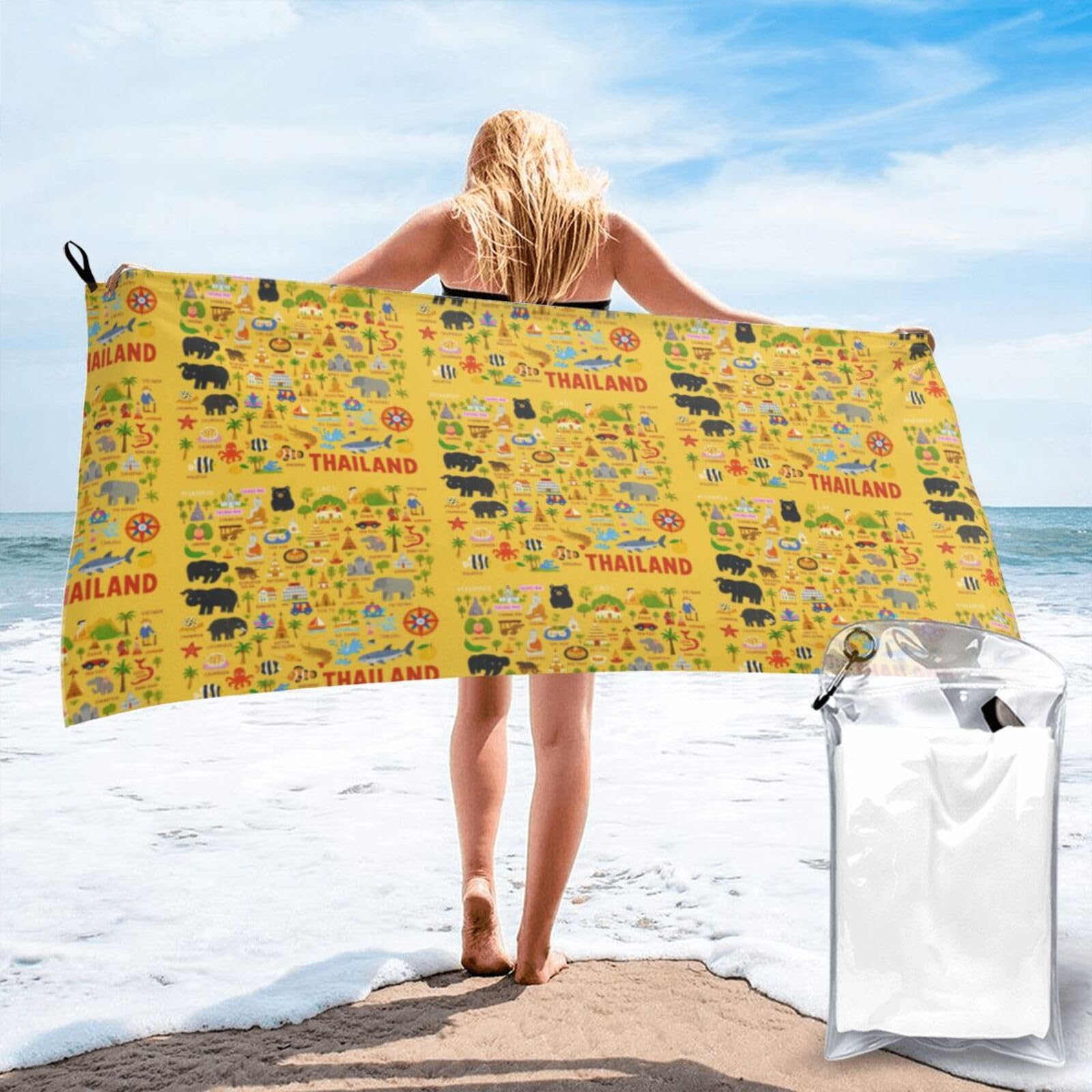 FHIZOAL Thailand Map With Icons Quick Dry Towel Microfibre Towel Super Absorbent Ultra Compact Gym Sports Beach Camping Travel