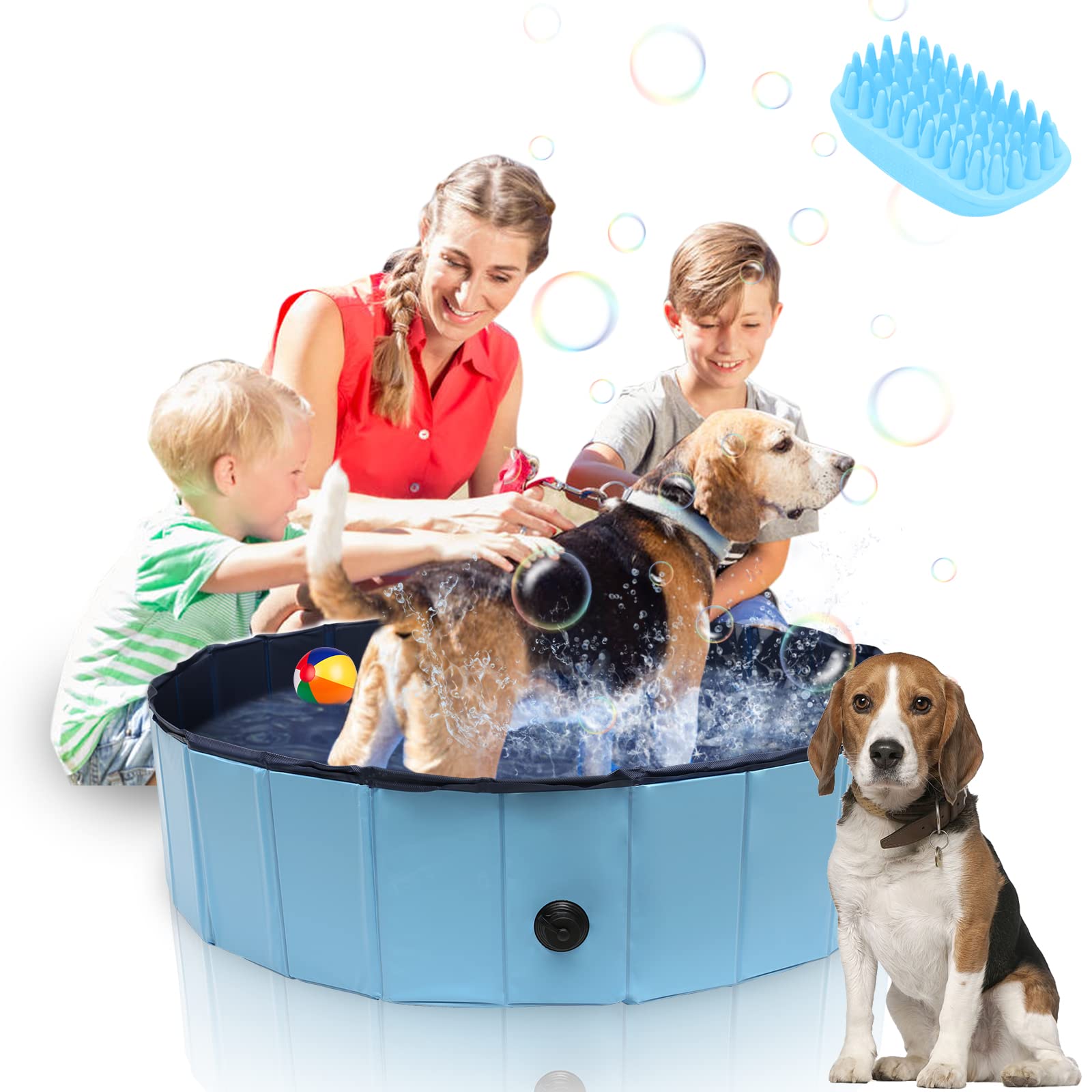 COZII Hondenpeuterbad, opvouwbaar, draagbaar zwembad voor huisdieren en kinderen, groot hondenzwembad met 6 mm PP-plaat en hard pvc, antislip hondenbad met badborstel, 80 x 20 cm