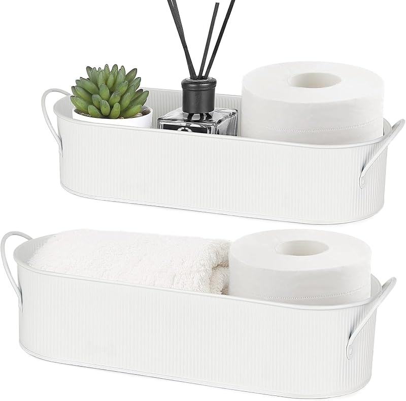 Mkono Metal Storage Basket, Toilet Paper Holder Bathroom decor, 2 Pack | White, Farmhouse Galvanized Metal Tray, Back of Toilet Tank Organizer, Decorative Bin, Bathroom Bedroom Living Room Office
