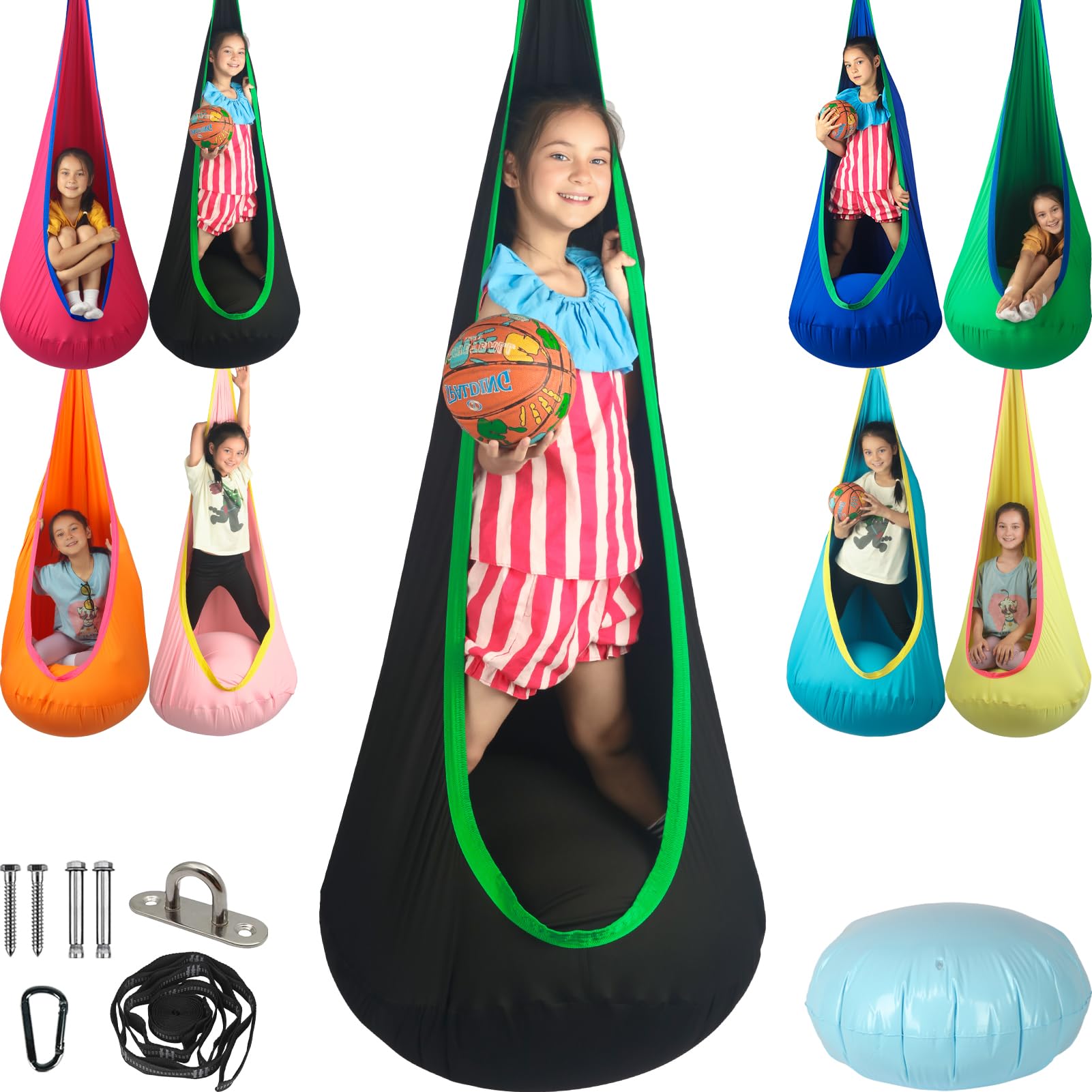 Kids Pod Swing Seat, Max 300 Lbs, Child Sensory Swing Chair Indoor & Outdoor Therapy Hammock Chair with Hanger Kit for Calming, Effect for Autism, ADHD or SPD. (Black)-image-28