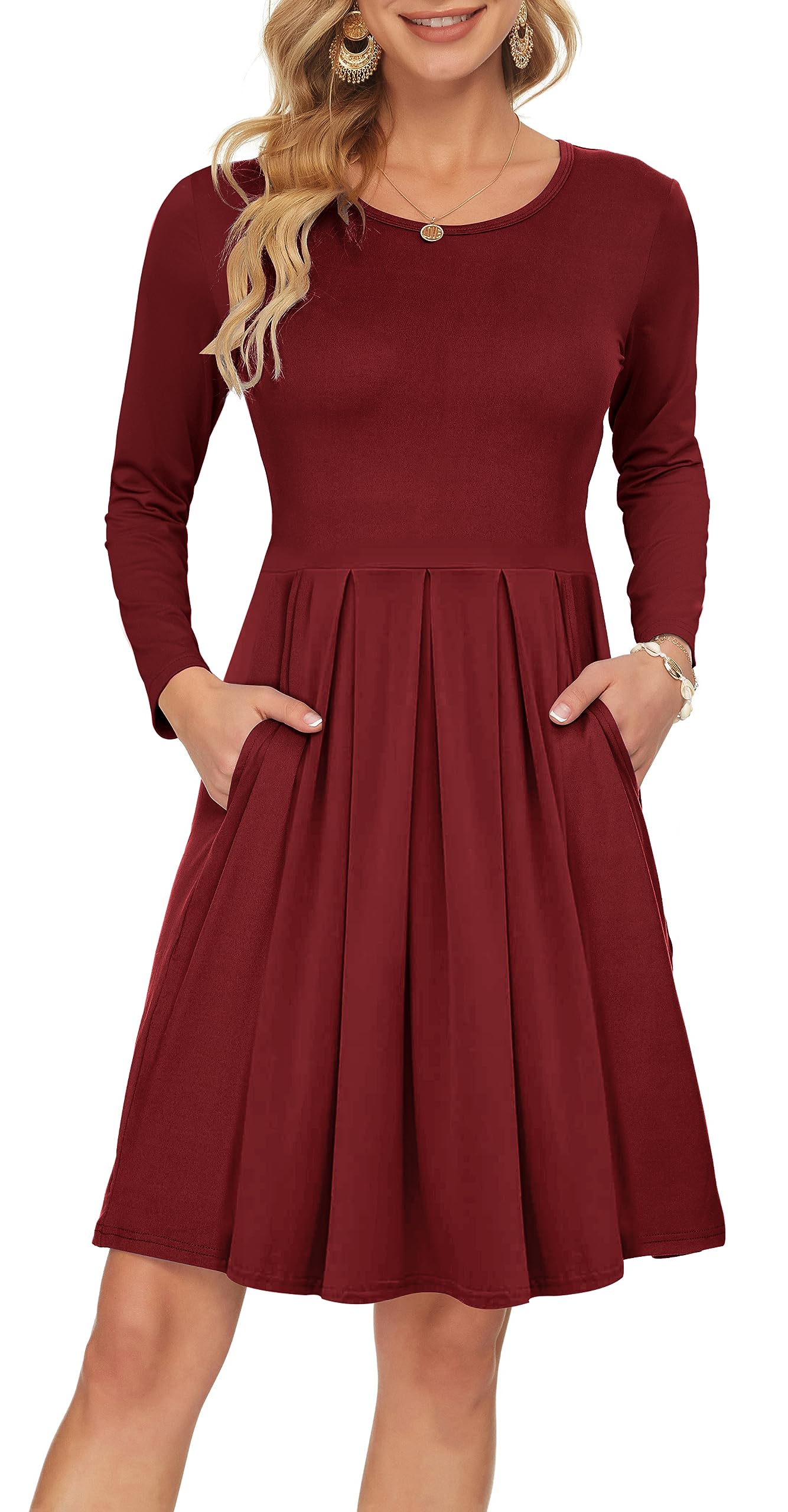 AUSELILY V-hals Jurkin - Knie-lengte Wapperend Lange Mouwen Elegante casual wrap jurk voor vrouwen met Zakken Wijnrood M