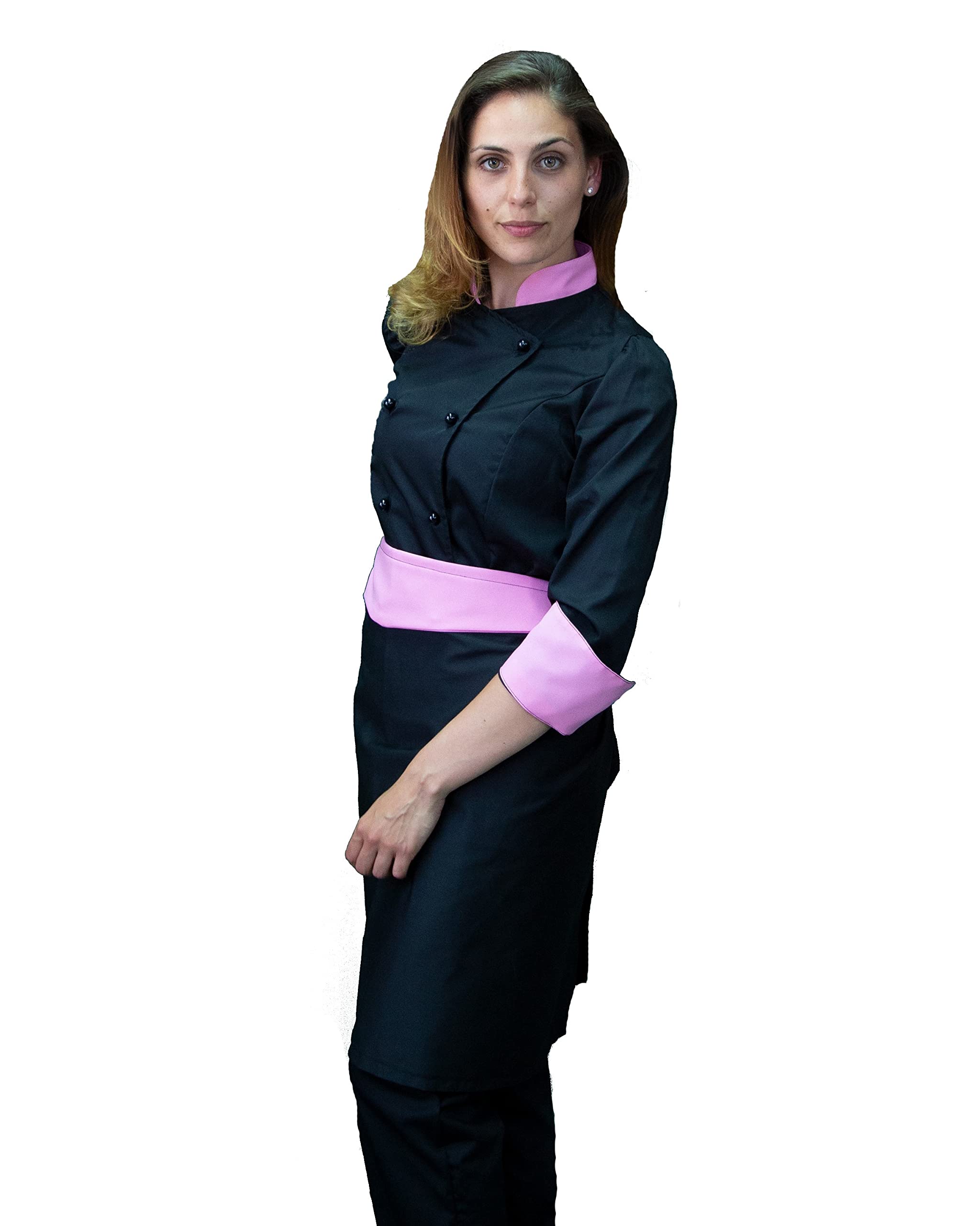 Bordado Gratuito Juego de chef para mujer negro y rosa Uniforme Chef personalizable Chaqueta, pantalones y delantal Uniforme para cocina y restaurante Made in Italy, Negro