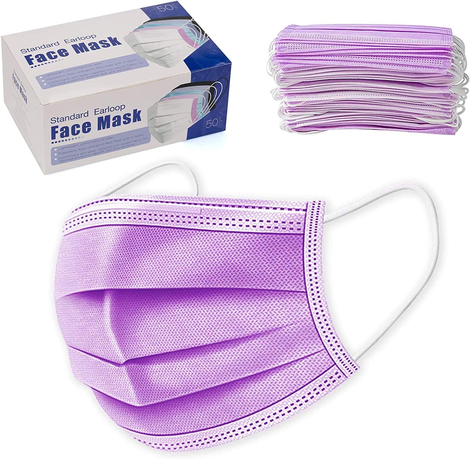 DXLOVER Disposable Purple Face Mask 3-Ply Facial Cover Masks with Ear Loop, Breathable Non-Woven Mouth Cover for Personal, Suitable for Home, Office, Outdoor- 50 PCS