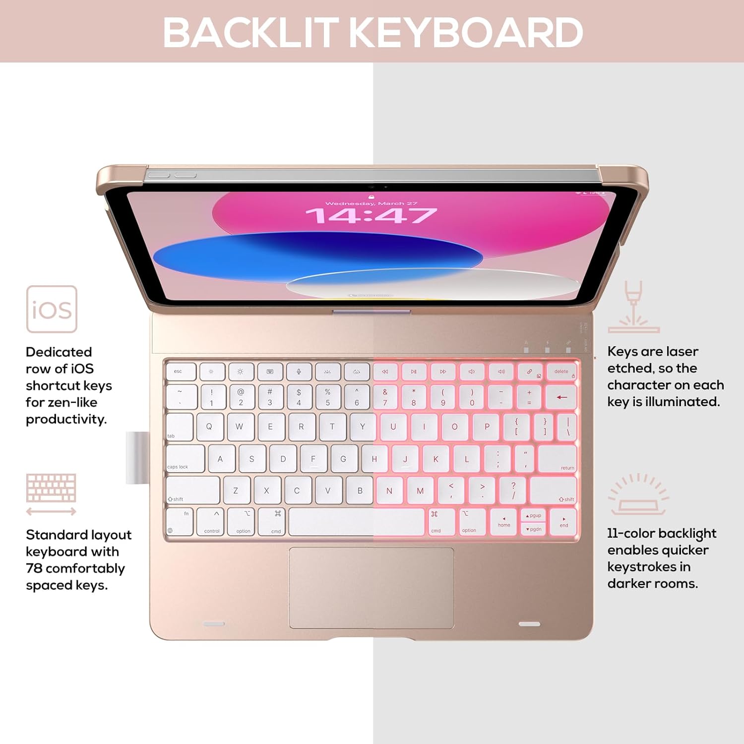 Image showing the backlit keyboard in use with an iPad, highlighting the dedicated iOS shortcut keys and 11-color backlight feature.