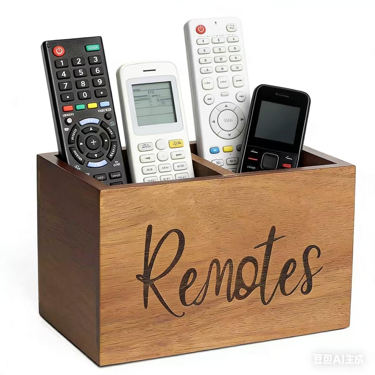 LBEMEY Acacia Wood TV Remote Holder, Caddy and Organizer for Table, Vintage Farmhouse Desk Caddy (Brown, 4+ Remotes)