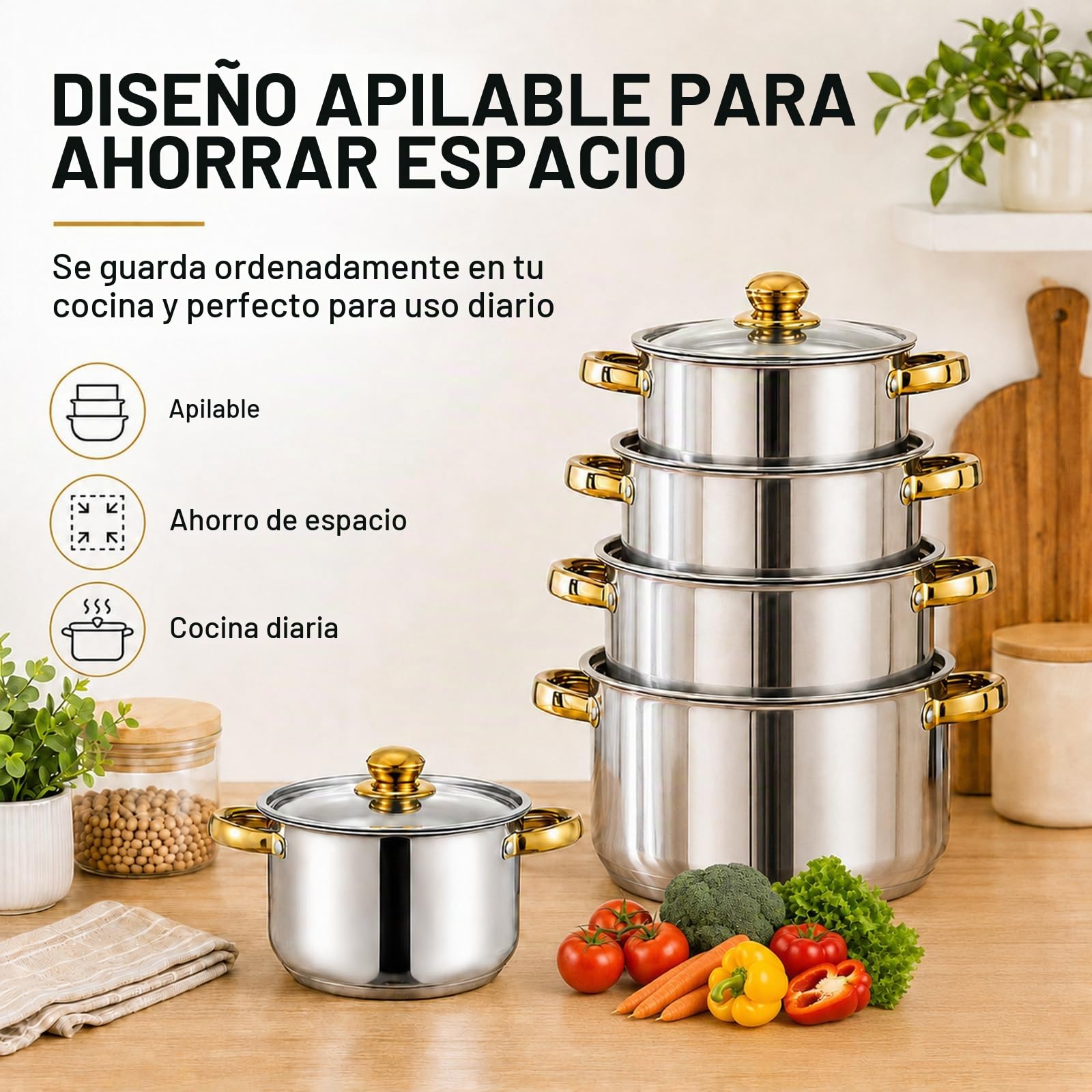 Set de Ollas Acero Inoxidable 10 Piezas, Tapas Acero, Todo Tipo Cocinas