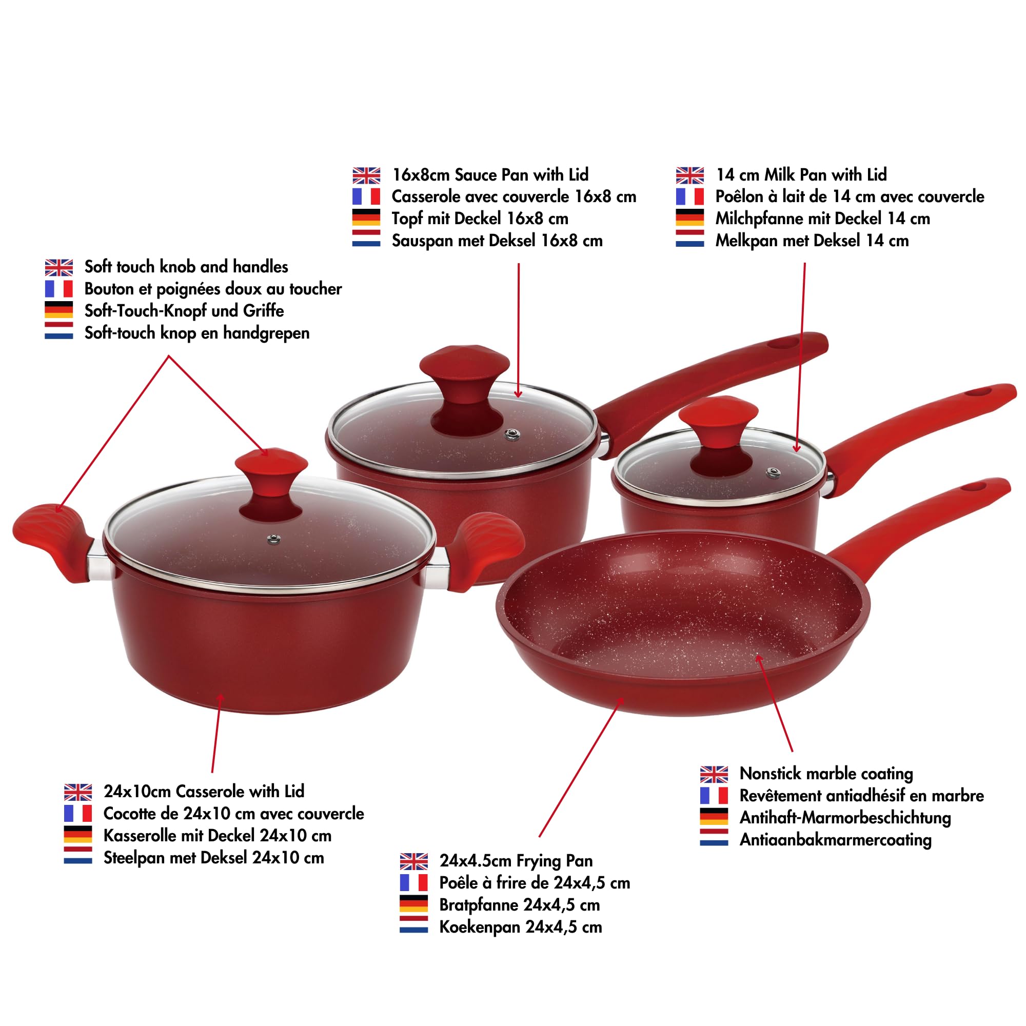 Herzberg Batterie de Cuisine 7 Pièces Antiadhésive HG04715, Rouge | revêtement antiadhésif, rétention de chaleur, poignées ergonomiques, facile à nettoyer, tous feux