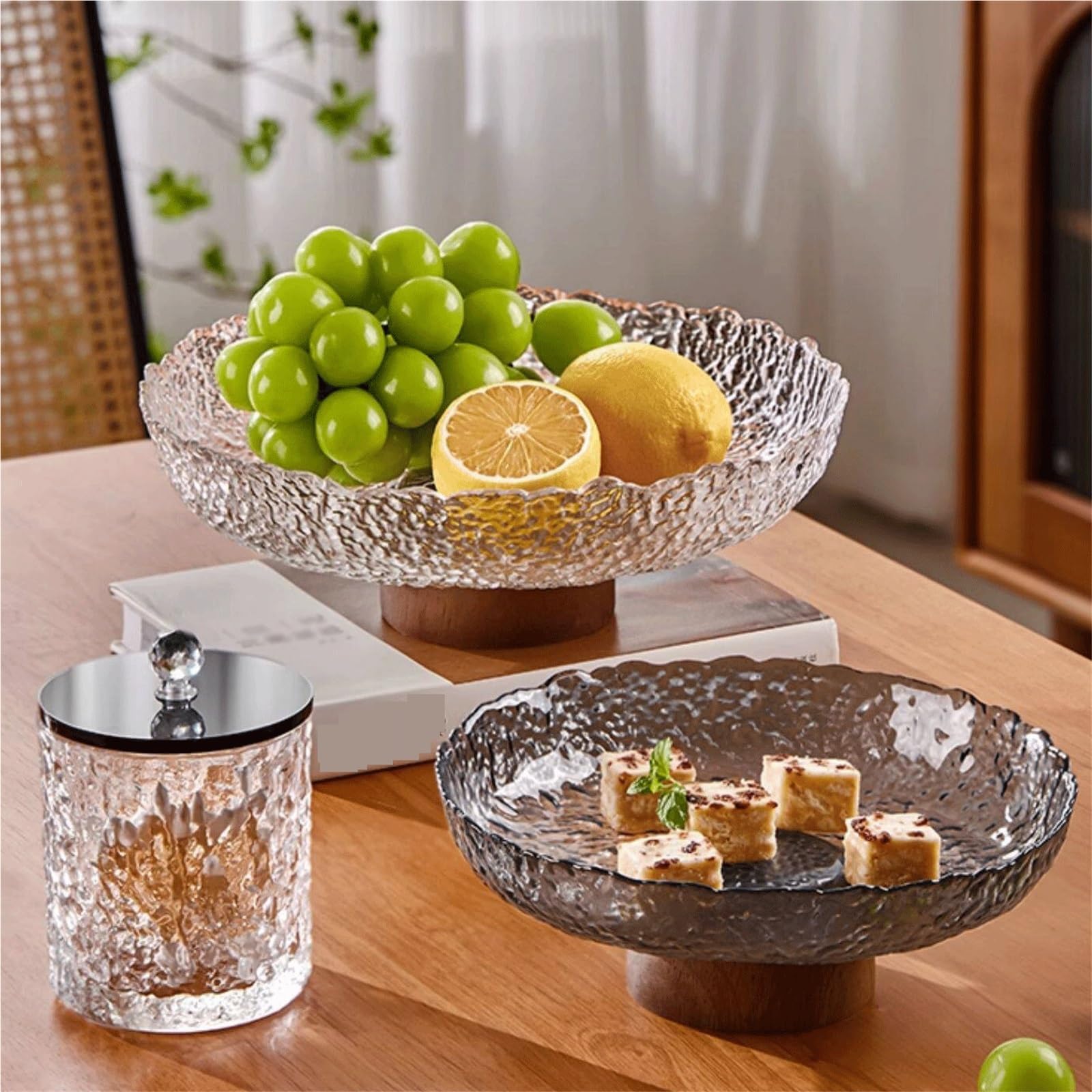 Stojak na ciasto Ozdoby do salonu z litego drewna, wykwintne stojaki na ciasta, eleganckie szklane tace przekąski, ozdoby stolik kawowy Stojak na ciasto(Clear,Duży)