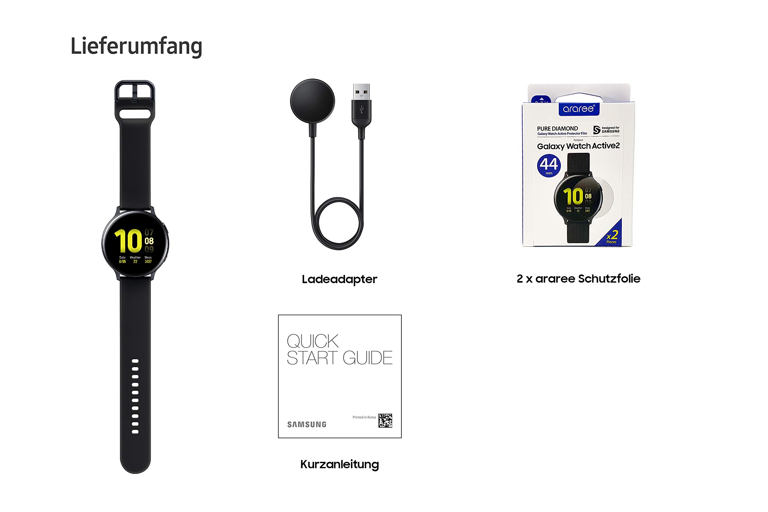 Samsung Galaxy Watch Active2 Explorer Edition, Fitnesstracker aus Aluminium, großes Display, ausdauernder Akku, wassergeschützt, 44 mm, inklusive 2x araree , Schwarz