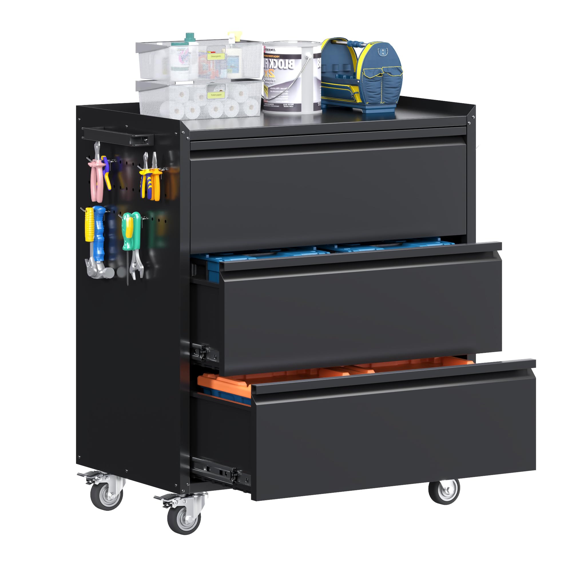 35.5" Rolling Tool Cabinet with 3 Drawers and Side Pegboards