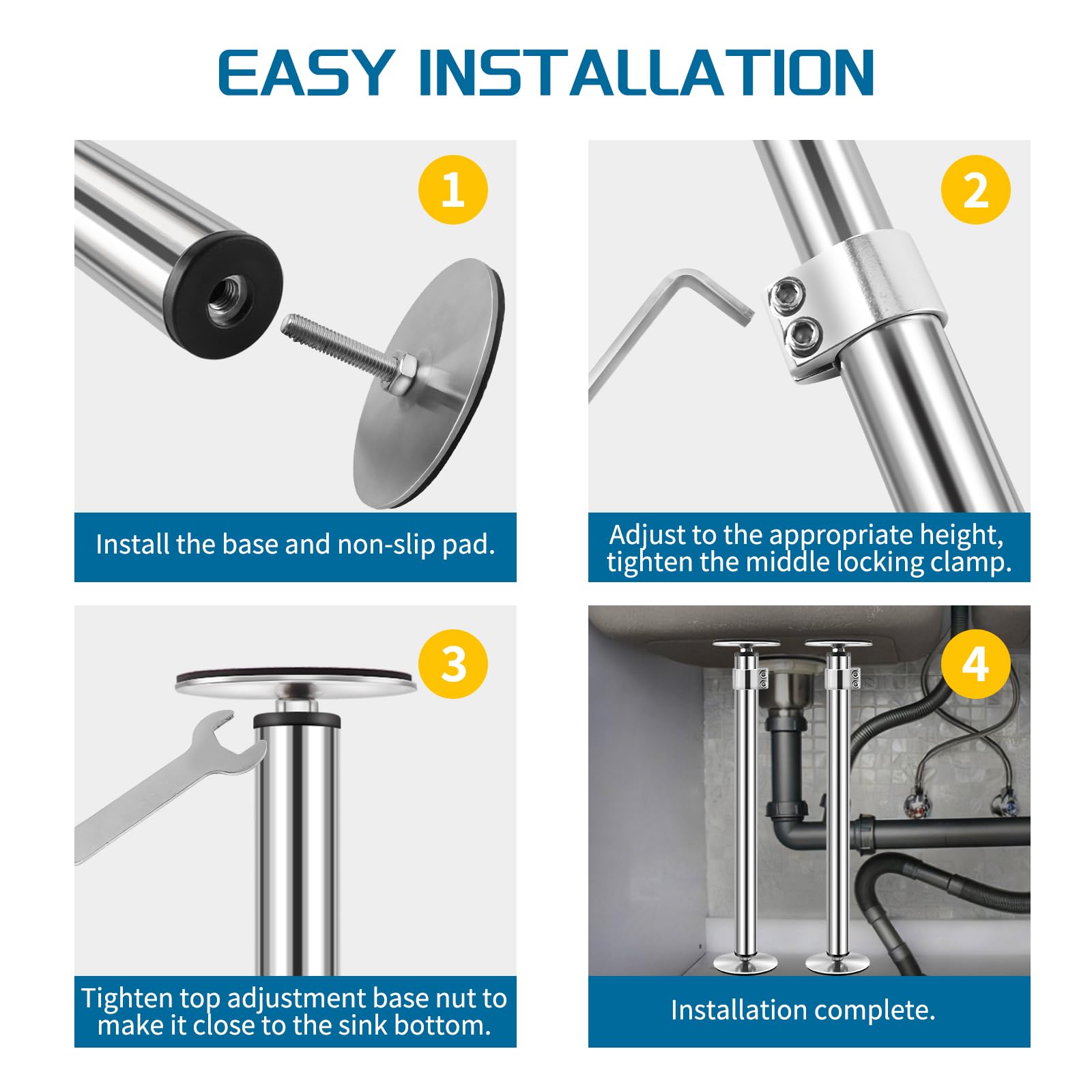 Staffe sottotop per lavello, asta di supporto regolabile da 45 a 79 cm, in acciaio inox, kit di riparazione per cucina, bagno (confezione da 2)
