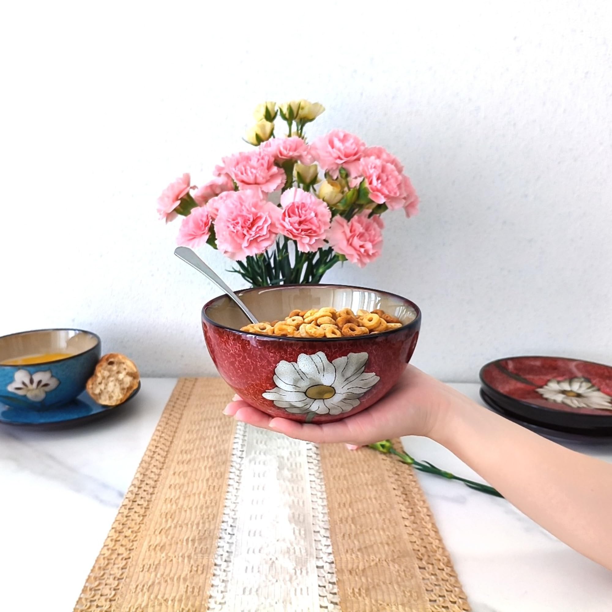 Photo 1 of Ceramic Bowls For Kitchen, 28oz - Bowl Set of 4 - For Cereal, Salad, Pasta, Soup, Ramen, Serving etc - Dishwasher, Microwave, and Oven Safe - For Breakfast, Lunch and Dinner (Blue+Red+Green+Pink)