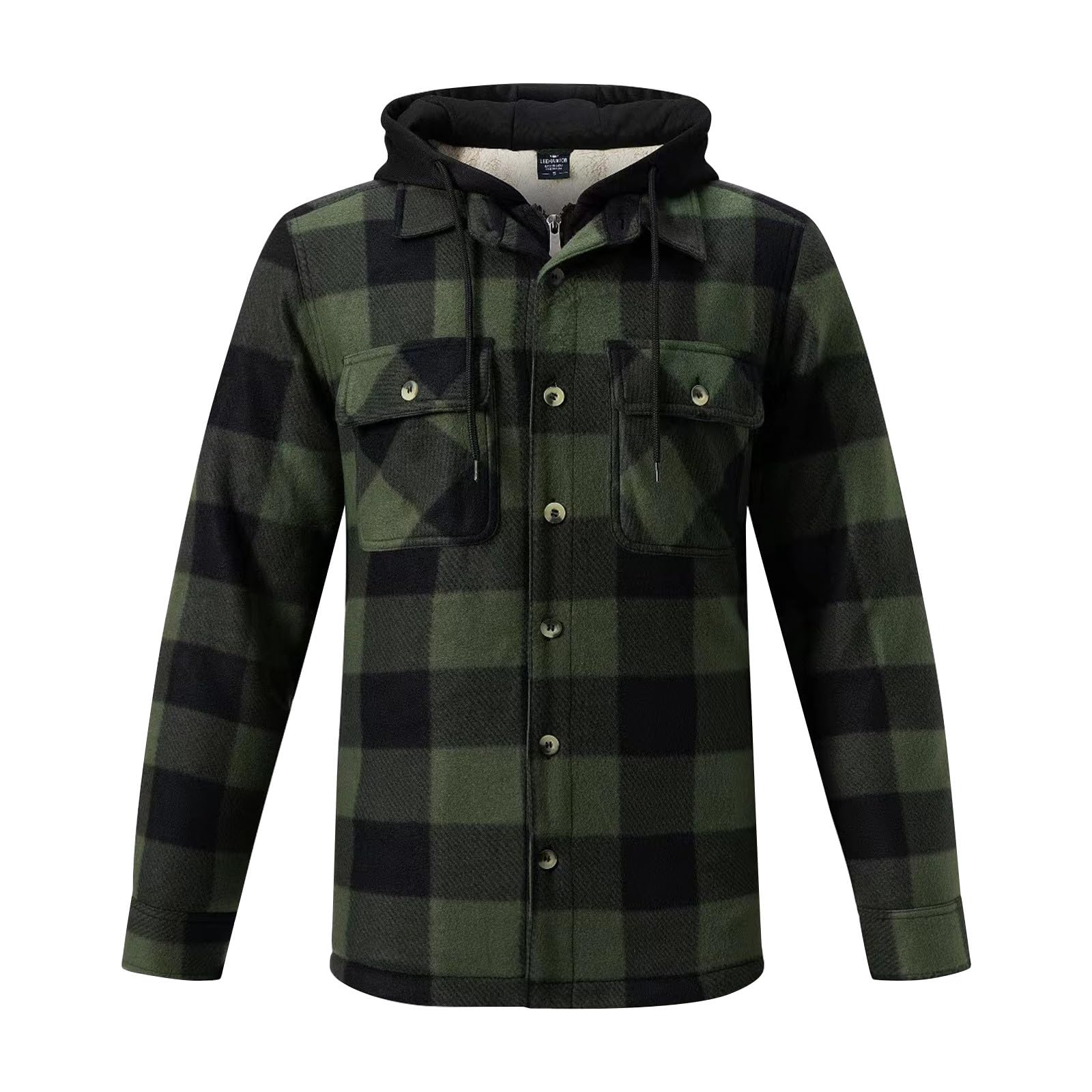 Camicia da uomo a maniche lunghe da uomo, in flanella, con cappuccio e bottoni, a maniche lunghe, a quadri, per il tempo libero, per l'inverno