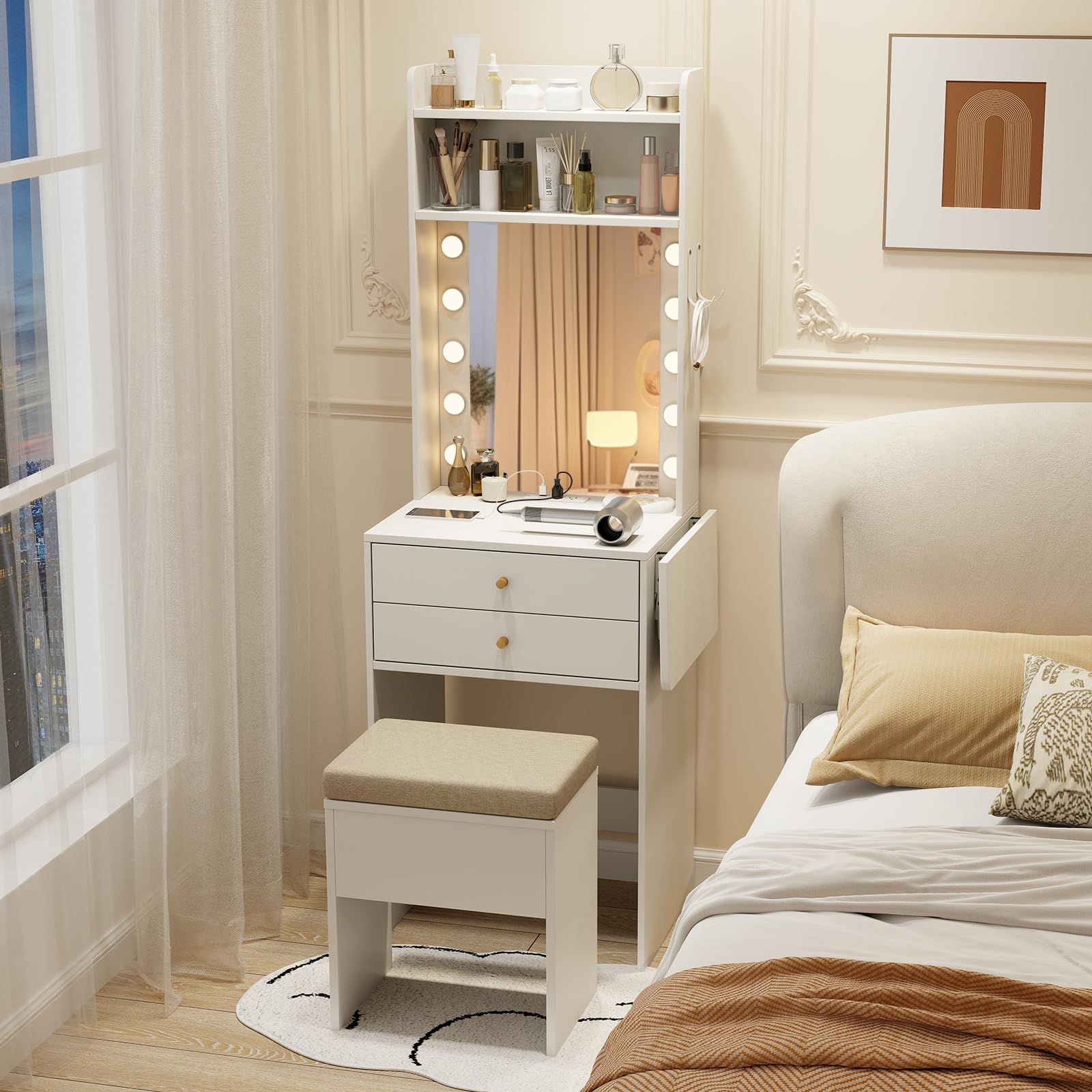 MAT EXPERT Small Vanity Desk, Compact Makeup Vanity with Mirror & 3 Colors Lights, Cushioned Hidden Storage Stool, Side Table, Power Outlets, Narrow Dressing Table for Bedroom, Apartment (White)