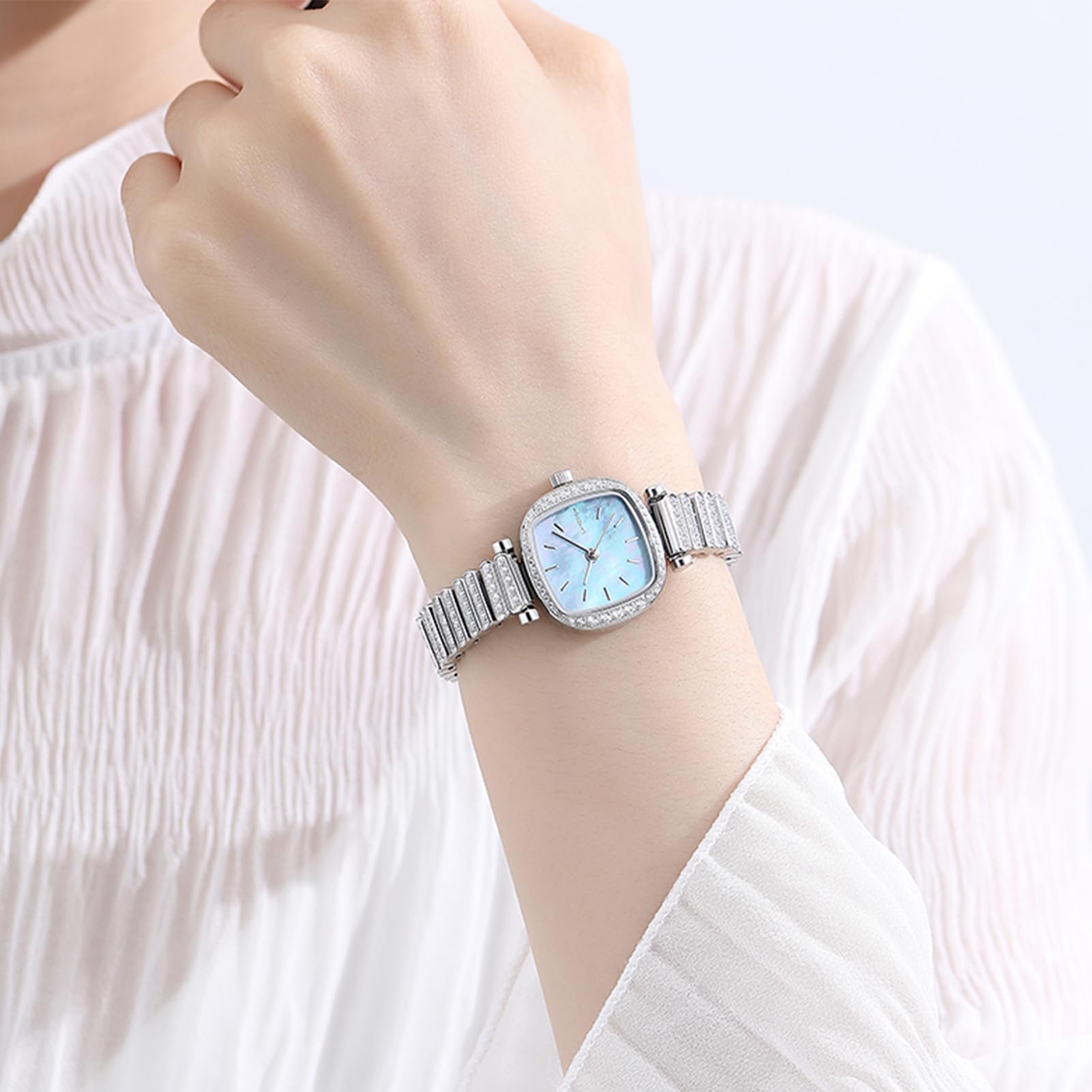LANZOOM Diamant-Uhren für Damen, Gehäuse und Armband aus 316L-Edelstahl, Damenuhren mit blauem Perlmutt-Zifferblatt, silberfarbene Uhr, luxuriös, modisch, lässig, silber/blue
