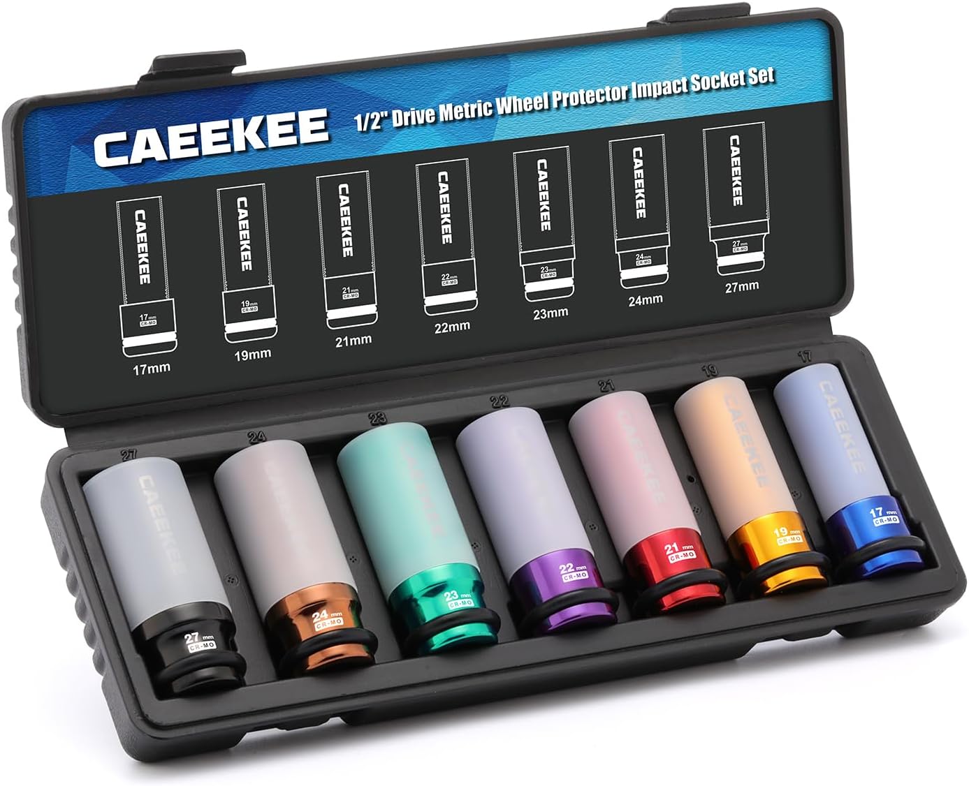 7PCS 1/2" Drive Deep Lug Nut Impact Socket Set, Non-Marring Thin Wall Wheel Protector Socket，CR-MO, 6 Point, Metric 17, 19, 21, 22, 23, 24, 27, Color Coded