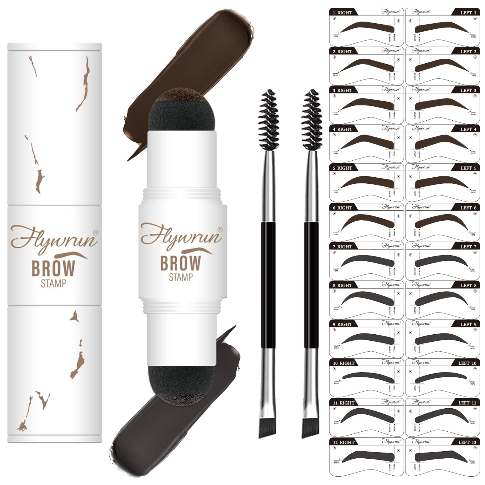 Eyebrow Stamp Stencil Kit - One-Step Vegan Eyebrow Stamp Pomade - Long-Lasting Waterproof Smudge-Proof - With 24Pcs Reusable Thin & Thick Eyebrow Stencils for Perfect Brows (Dark Brown+Nearly Black)
