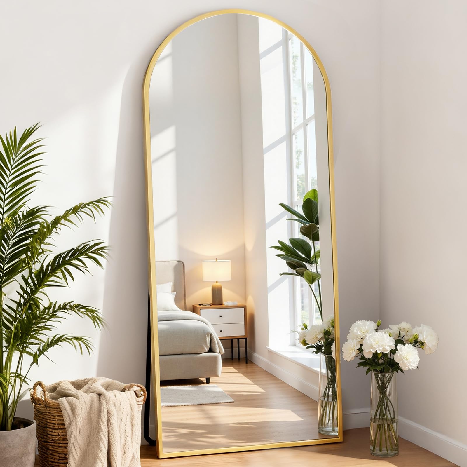 sweetcrispy 64.3"x21" arched full length mirror, standing or leaning full body mirror with aluminum alloy thin frame, suitable for bedroom or cloakroom,gold