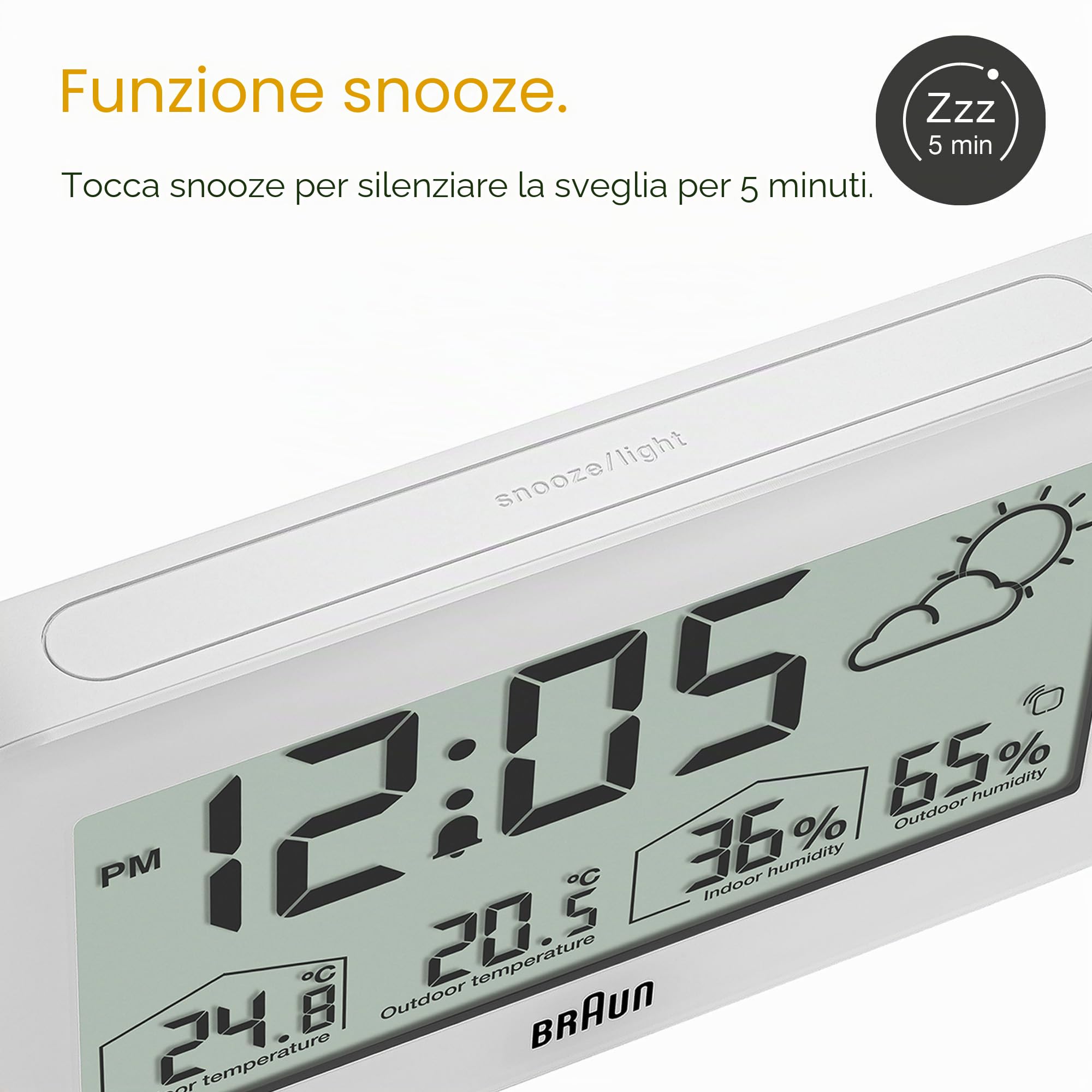 Braun Orologio digitale con stazione meteorologica temperatura e umidità interna ed esterna, previsioni, display LCD, impostazione rapida, allarme sonoro in crescendo, bianco, modello BC13WP.