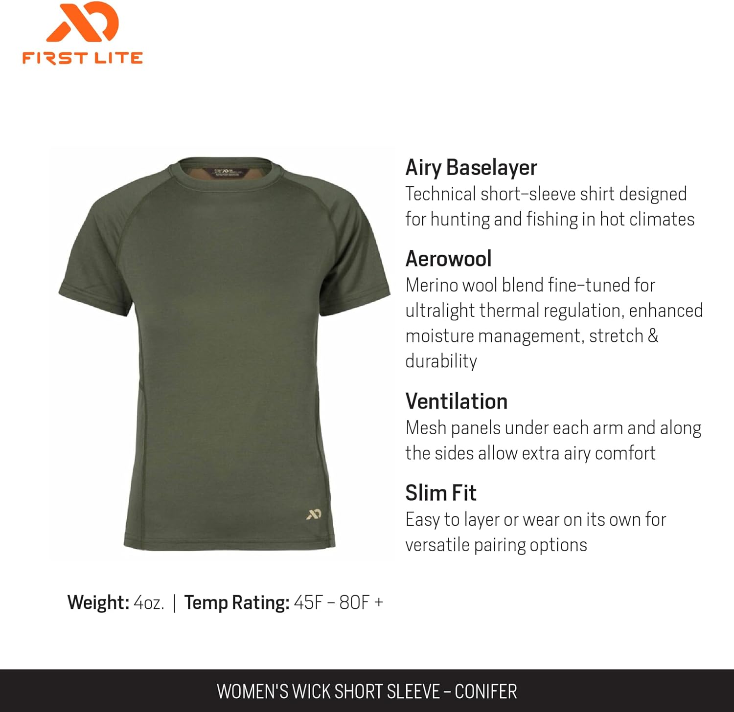 First Lite Women's Wick Short Sleeve Crew Shirt - Ultralight Merino Wool Camo Hunting T-Shirt