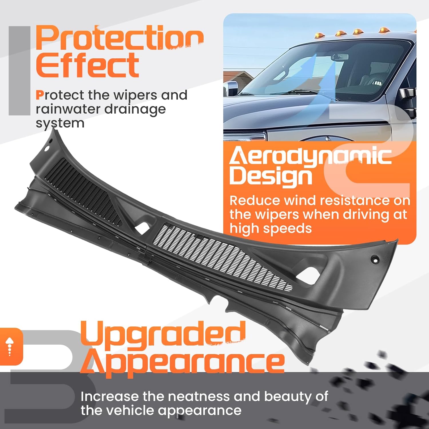 Windshield Wiper Cowl Panel Grille Compatible with 2007-2010 Ford F250 F350 Super Duty Replacement for 7C3Z-25022A69-AA 7C3Z-25022A68-AA Front Window Cover Insert Panel Left&Right