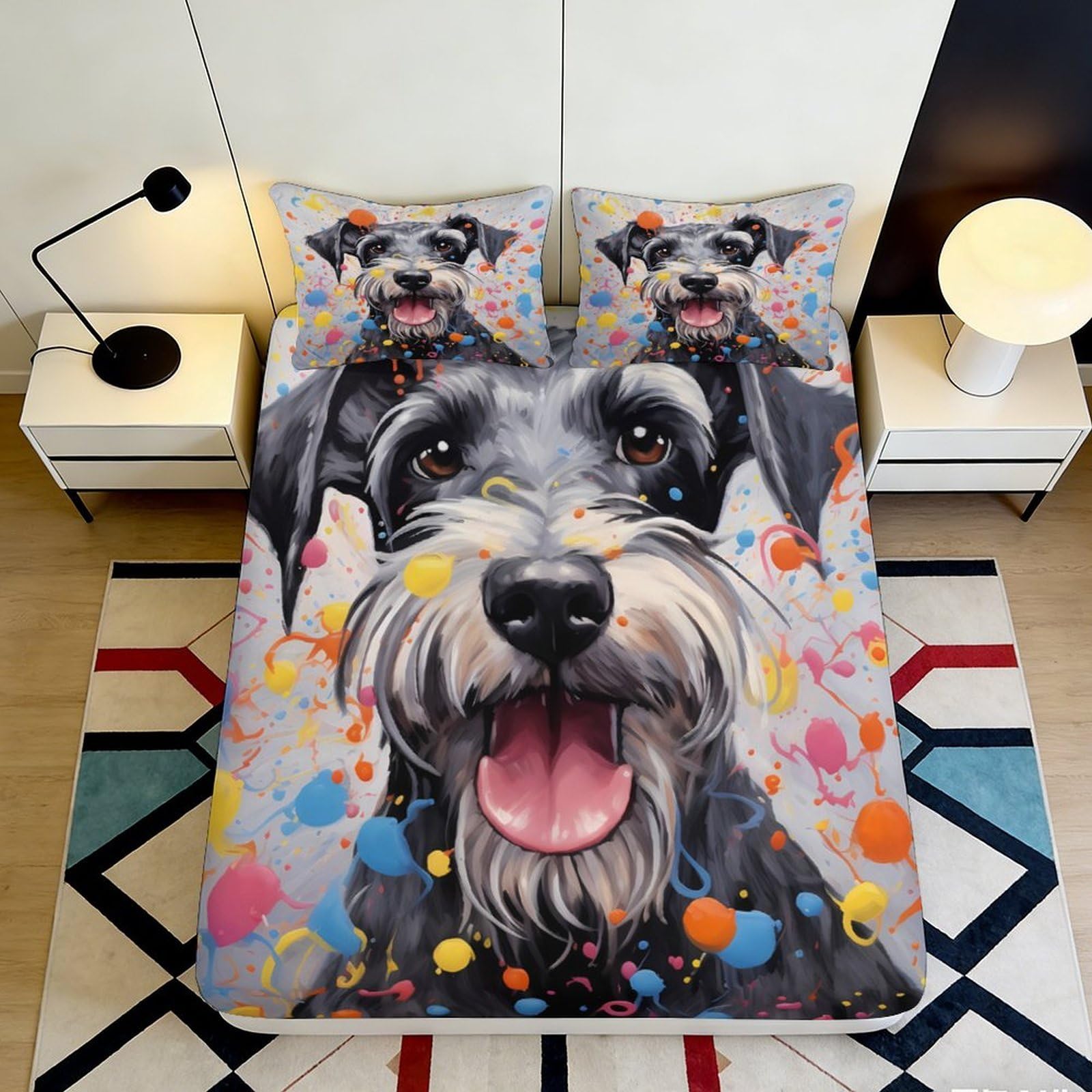 3D Printed Schnauzer Dog Fitted Sheet Microfiber Colourful Art Bed Cover for Bedroom Guest Room Mattress Protection 90x200x25cm