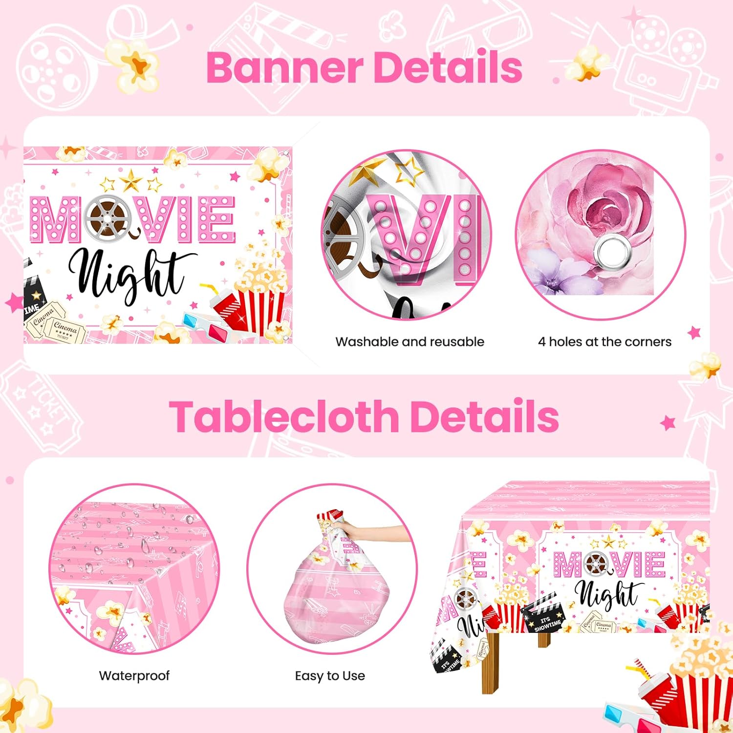 Pink Movie Night Party Decorations Kit: Movie Banner Cute Popcorn Film Plates Napkins Tablecloth Balloons All-in-1 Movie Night Party Supplies for Girl Birthday Serve 24
