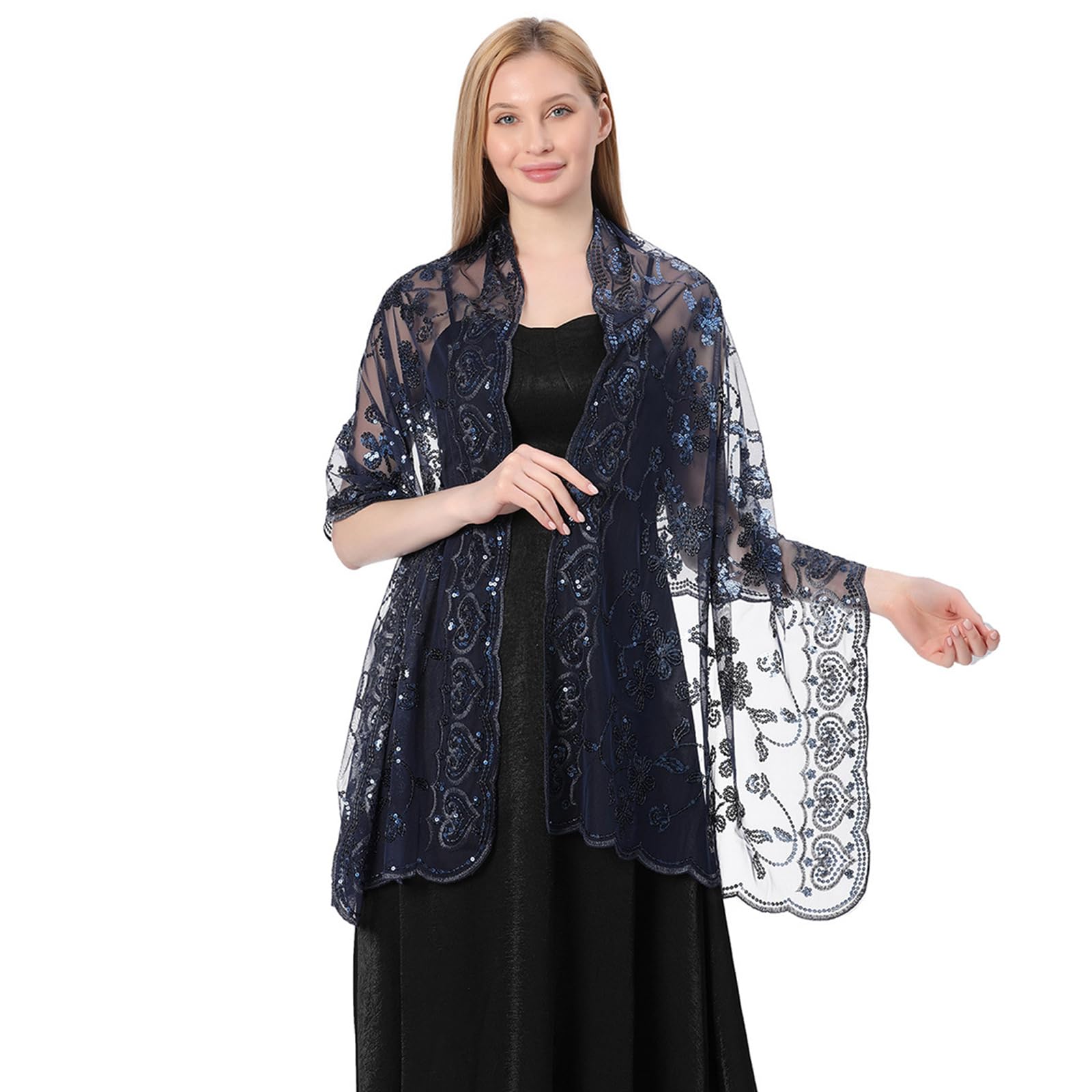 Muiltvoe Sparkling Sequined Shoulder Wrap for Bride Wedding Gowns Party Dress 1920s Shawl for Formal Occasion Photoshoots Embroidery Flower Shawl