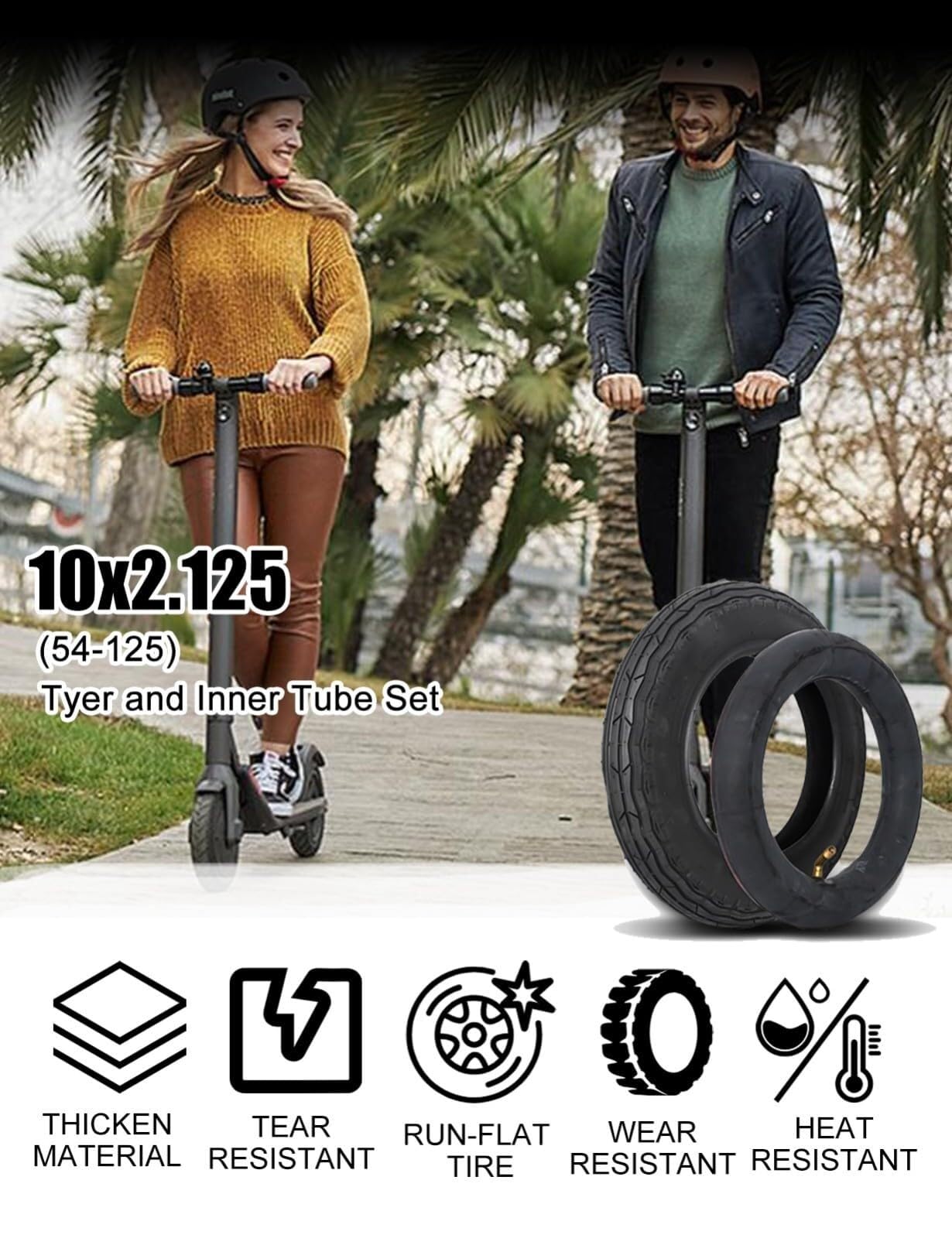 10x2.125 Opona i Rurka z Wentylem 45° 10-2.125 Gumy Butylowej i 10 2.125 Wzorem Wielopowierzchniowym dla Hulajnogi Rowerka Trójkołowca – 250 kPa(45°° valve)