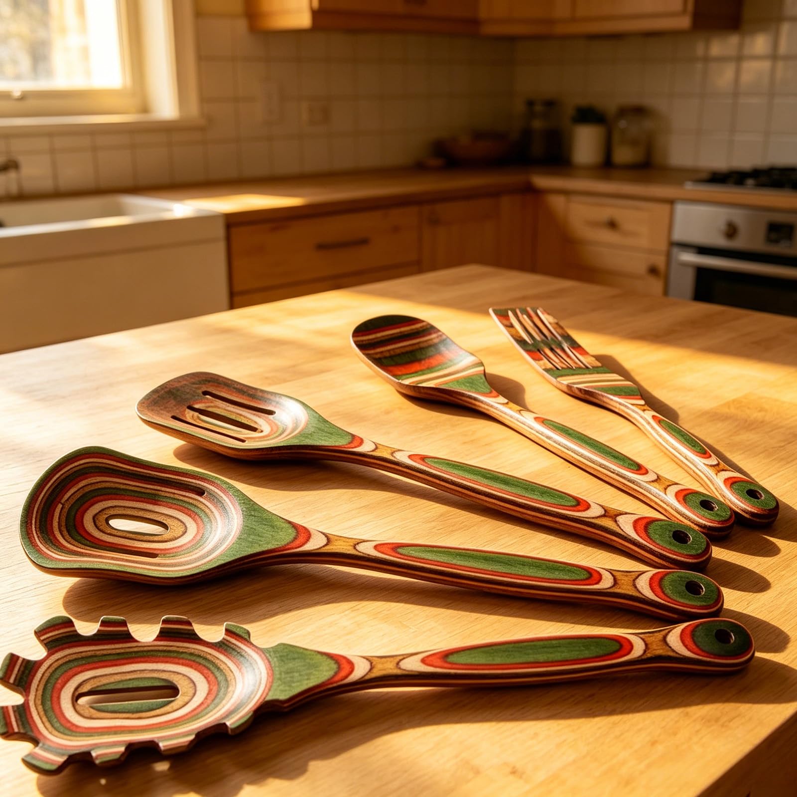 Home Cooking Utensilien-Set, 6-teiliges Küchenhelfer aus Holz zum Rühren, Servieren und Suppengebrauch, laminiertes Holz mit langen Griffen täglich