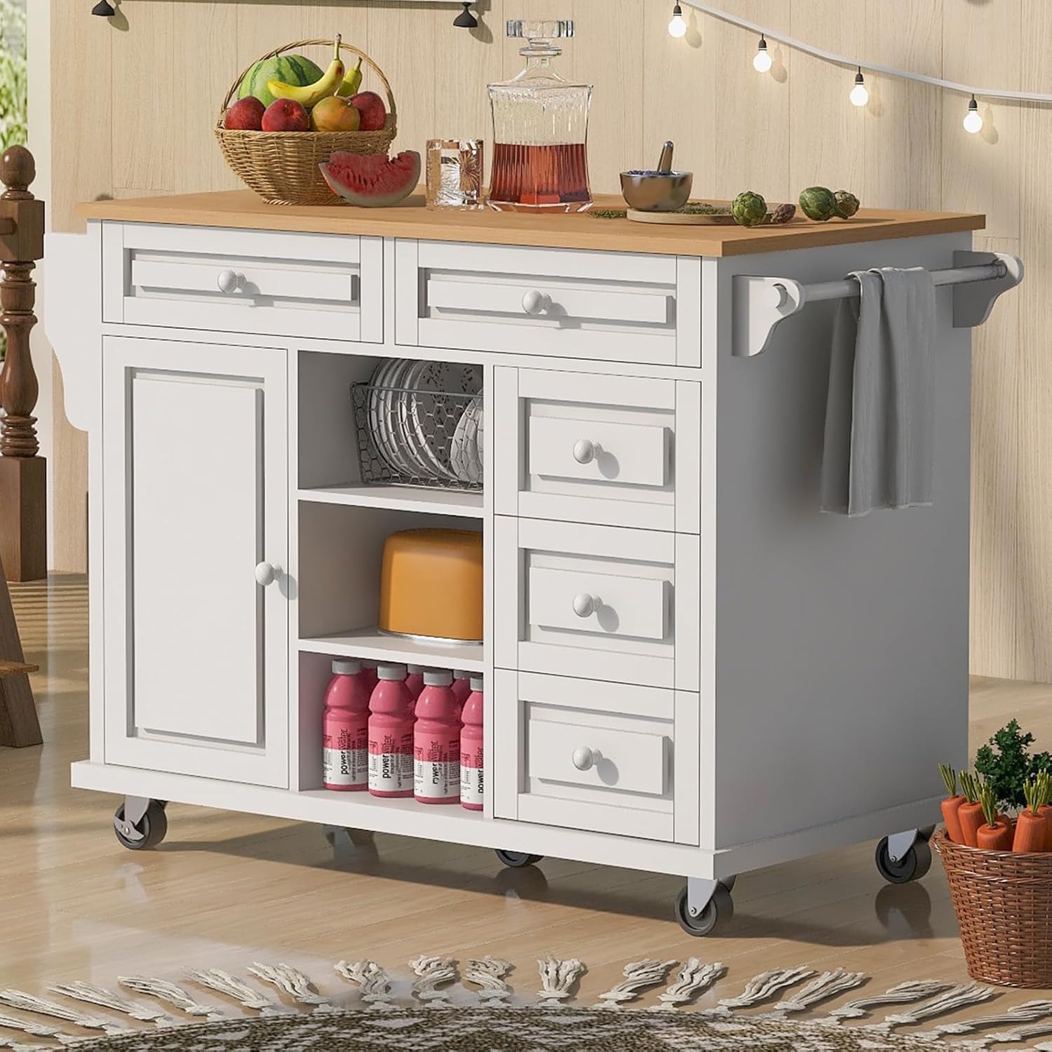 Mobile & Stationary Kitchen Storage Island with Rubber Wood Desktop, Modern Coffee Bar Cart Microwave Stand on Wheels with Storage & 5 Drawers for Dining Room, White