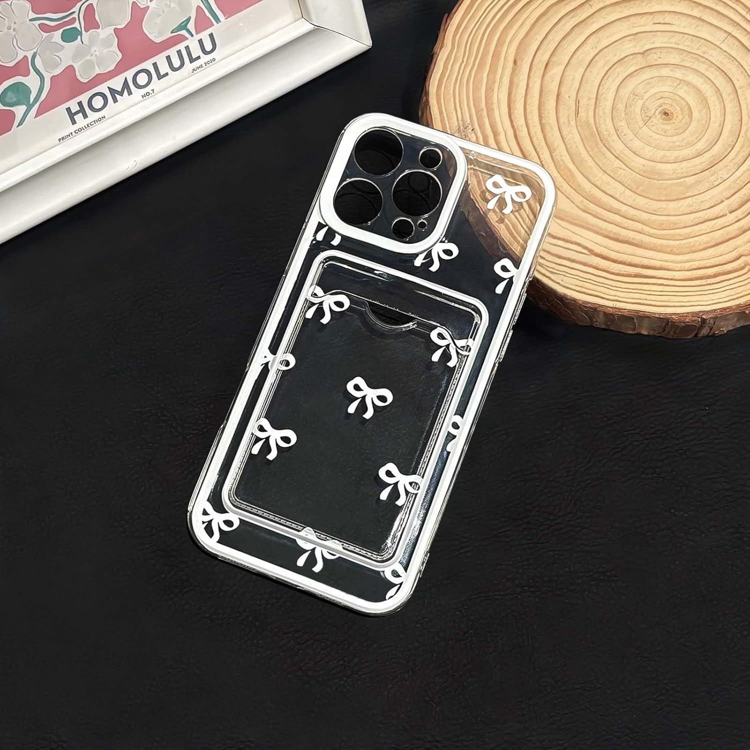 NITITOP Compatible with iPhone 16 Pro Case with Card Holder Clear Cute Bow Ribbon for Women Girls Colorful Frame Soft TPU Wallet Shockproof Protective Cover - White - Image 2