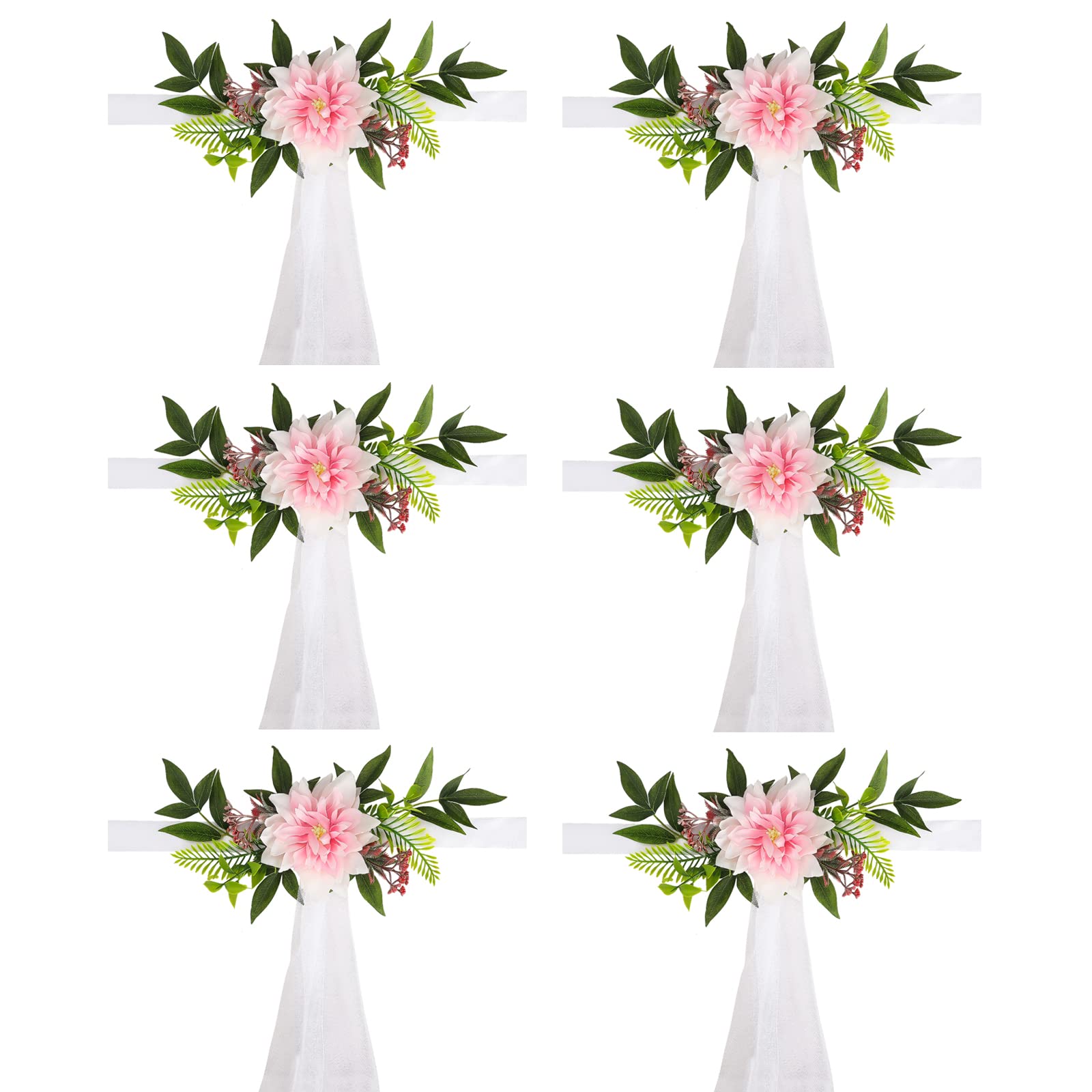 Fofetbfo Set of 6 Wedding Aisle Chair Decorations Artificial Flowers with Ribbons Chairs Back Pew Flowers Arrangement for Wedding Ceremony Decor(Pink)