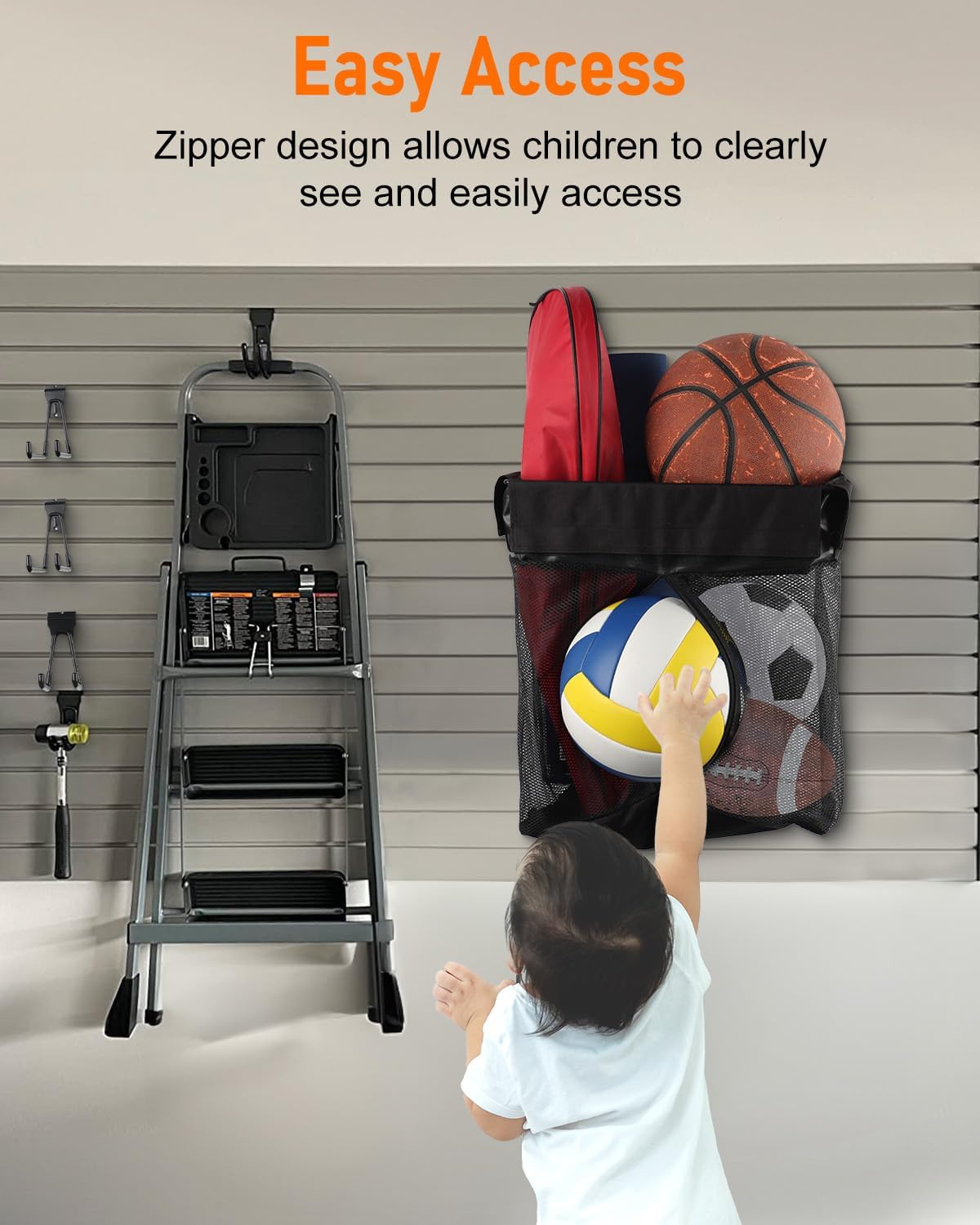 2PCS Slatwall Basket with Zipper, 6 PCS Heavy Duty Hooks, 16x15x11 Inch Slatwall Accessories, Easy to Install Garage Storage Mesh Basket for Shop Gym Toy Display Storage. - Image 3