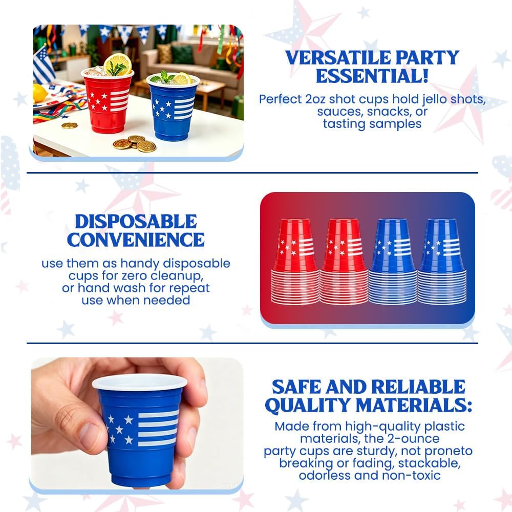 50 Count 2oz Disposable Plastic Shot Cups, Red Blue | Patriotic Printed Design, July 4th Independence Day, Memorial Day Parties, Mini Shot Glasses, BBQ Celebrations