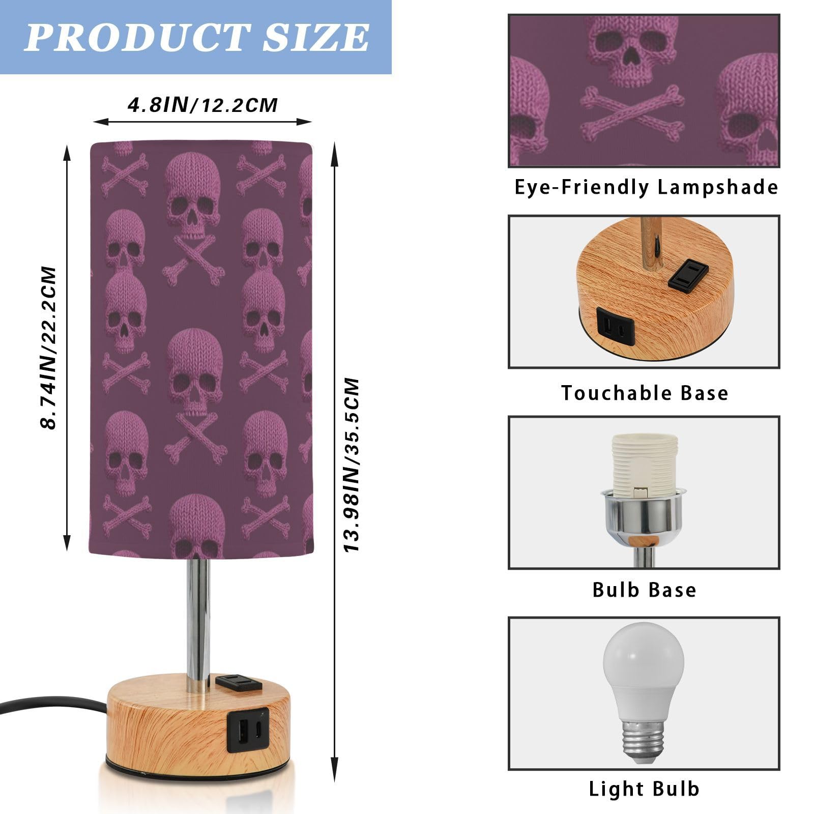 Yuiboo Dotykowe lampy stołowe z portami USB C+A, lampka nocna