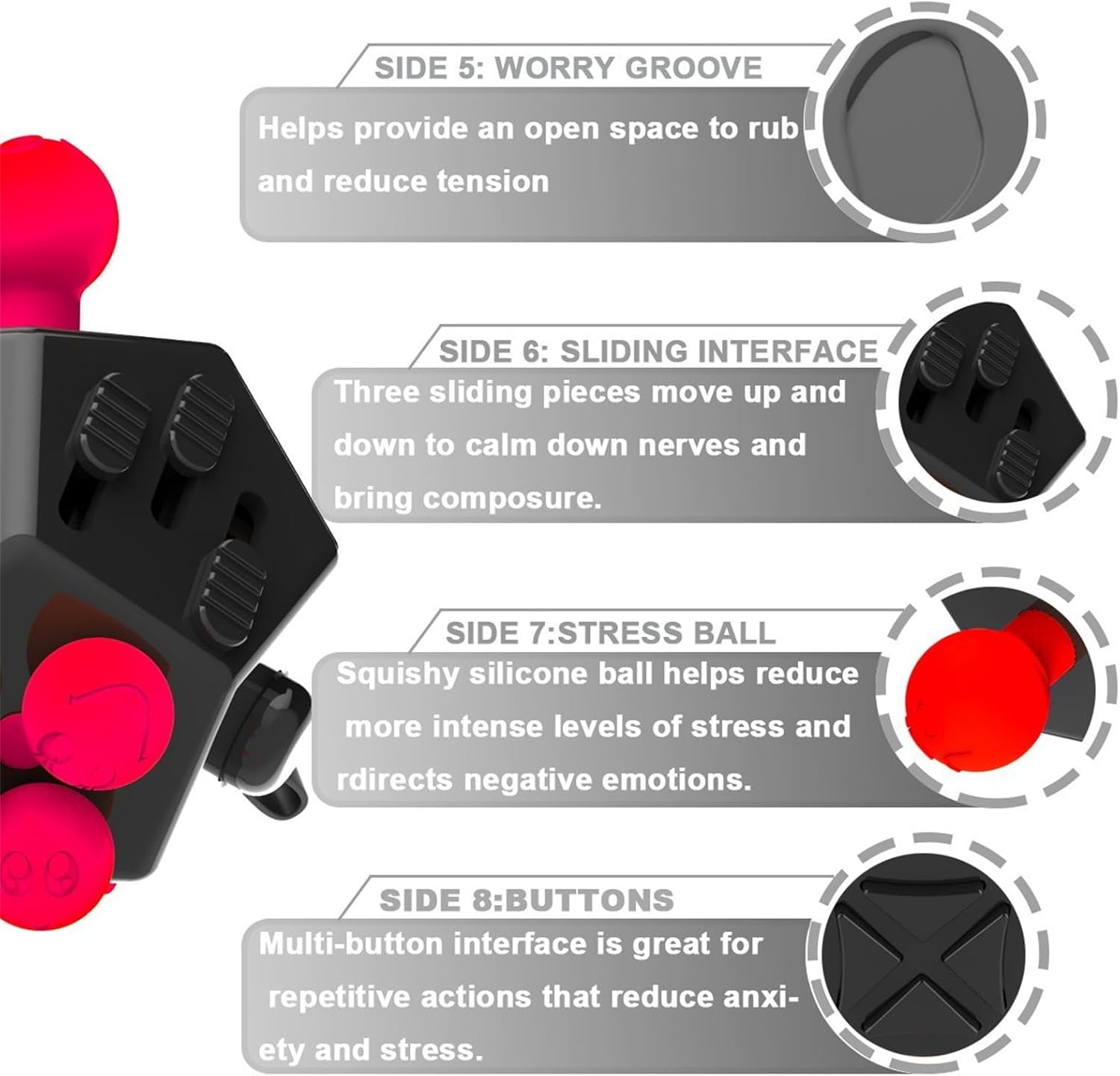Fidget Toys Cube 12-Sided Decompression Cube Relieve Stress Anti Anxious Depression with Autism for Children and Adults (Black Red-A4)
