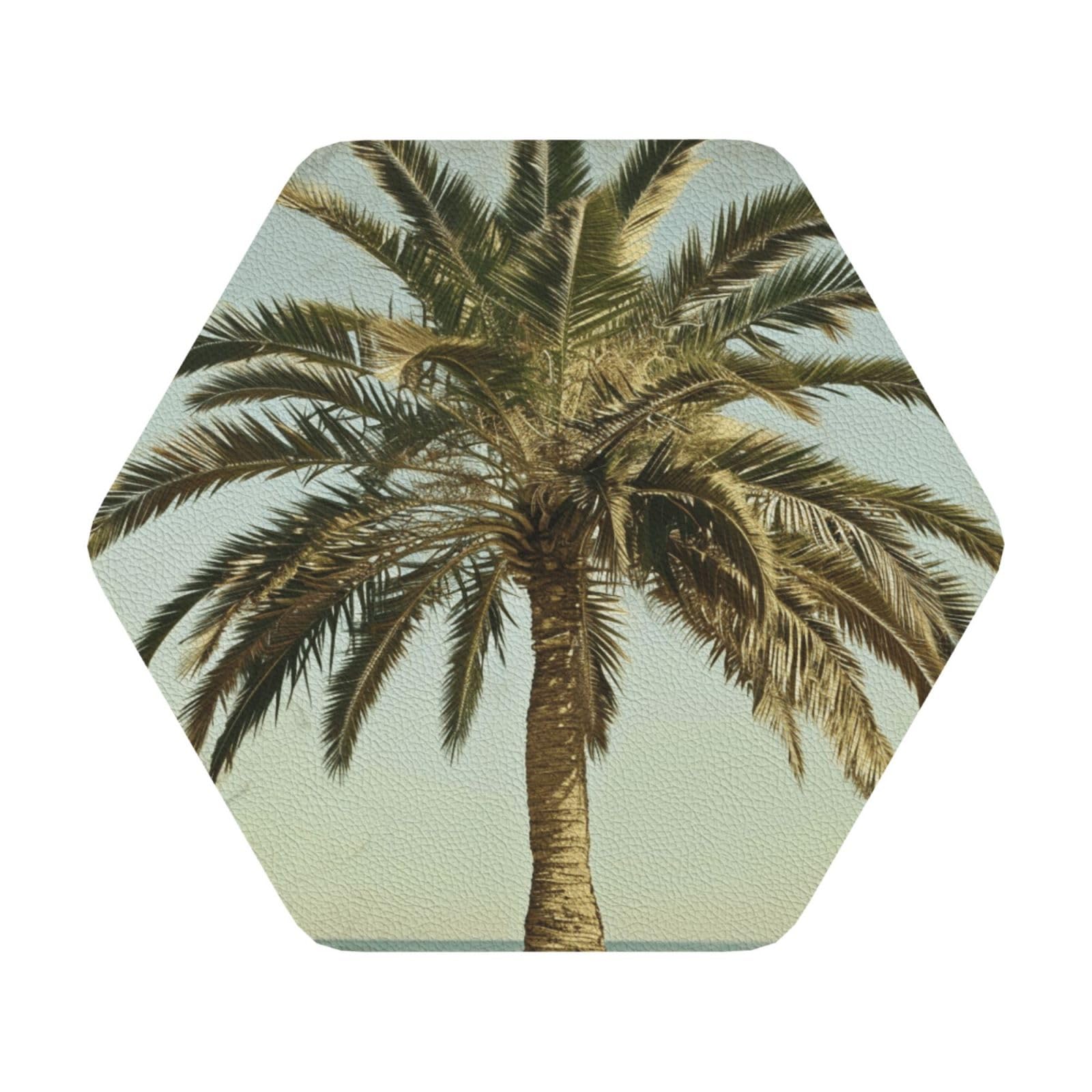 Palm Tree Tropical Print Leather Coaster Set of 6, Hexagon Coasters Table Decorative Coffee Cup Beverage Coasters Wine Beer Bar Coasters for Hot Drinks Table Protection