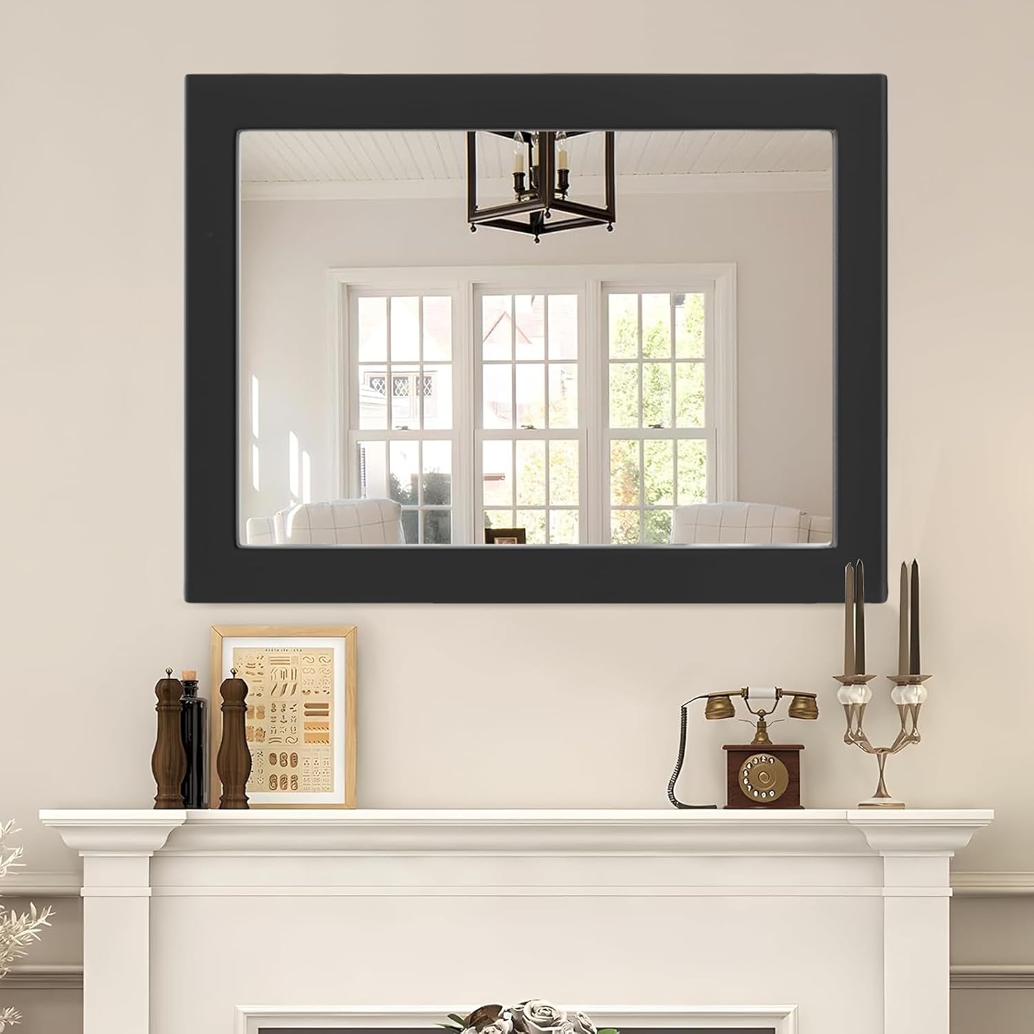 40''x30'' Rustic Wall Mirror for Bathroom Black Wood Frame, Classic Rectangle Mirror Farmhouse Vanity Wall Mirror Decor Living Room, Bedroom, Entryway