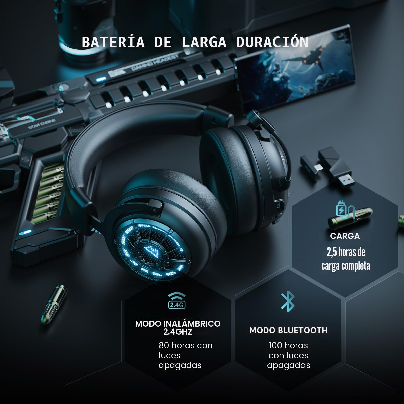 EKSA E5000BT Cascos Gaming inalambricos, Auriculares Bluetooth 5.4 con Baja Latencia para Juegos, Actuador de Doble cámara, 2,4GHz Conexión Tri-Modal, Iluminación RGB,100 Horas de Reproducción