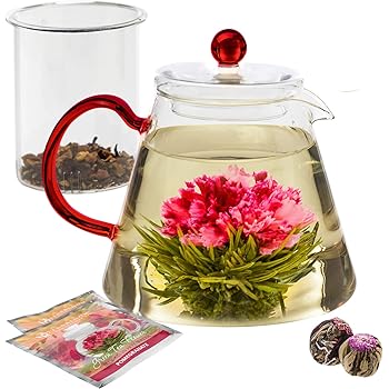 Teabloom Amore Glass Teapot Gift Set – Stovetop Safe Glass Teapot with Removable Glass Infuser – (34 OZ / 1000 ML / 3-4 CUPS) – Two Blooming Tea Flowers Included