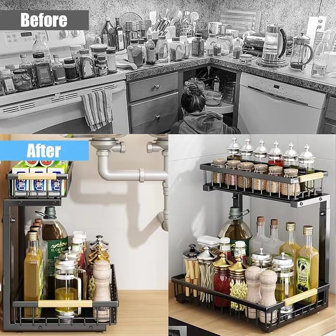 Organizador y Almacenamiento Bajo Lavabo: Organizador de Baño con 2 Niveles y Altura Ajustable, Cajones Extraíbles para Cocina con Ganchos (Negro) miniatura 5