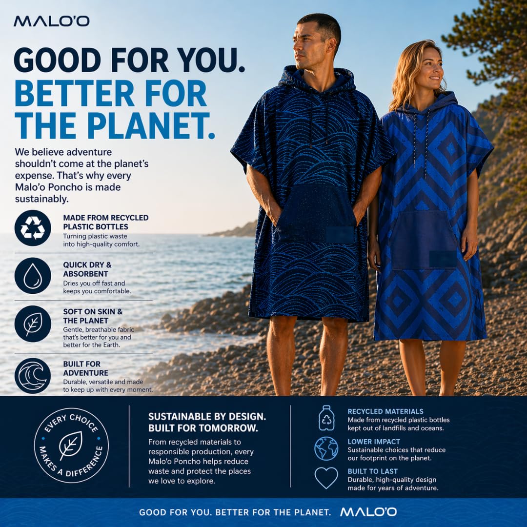 Malo'o Nalu Surf Poncho Wickelmantel mit Kapuze, weich und warm, Kinder- und Erwachsenengrößen, Wickeltuch und Poncho