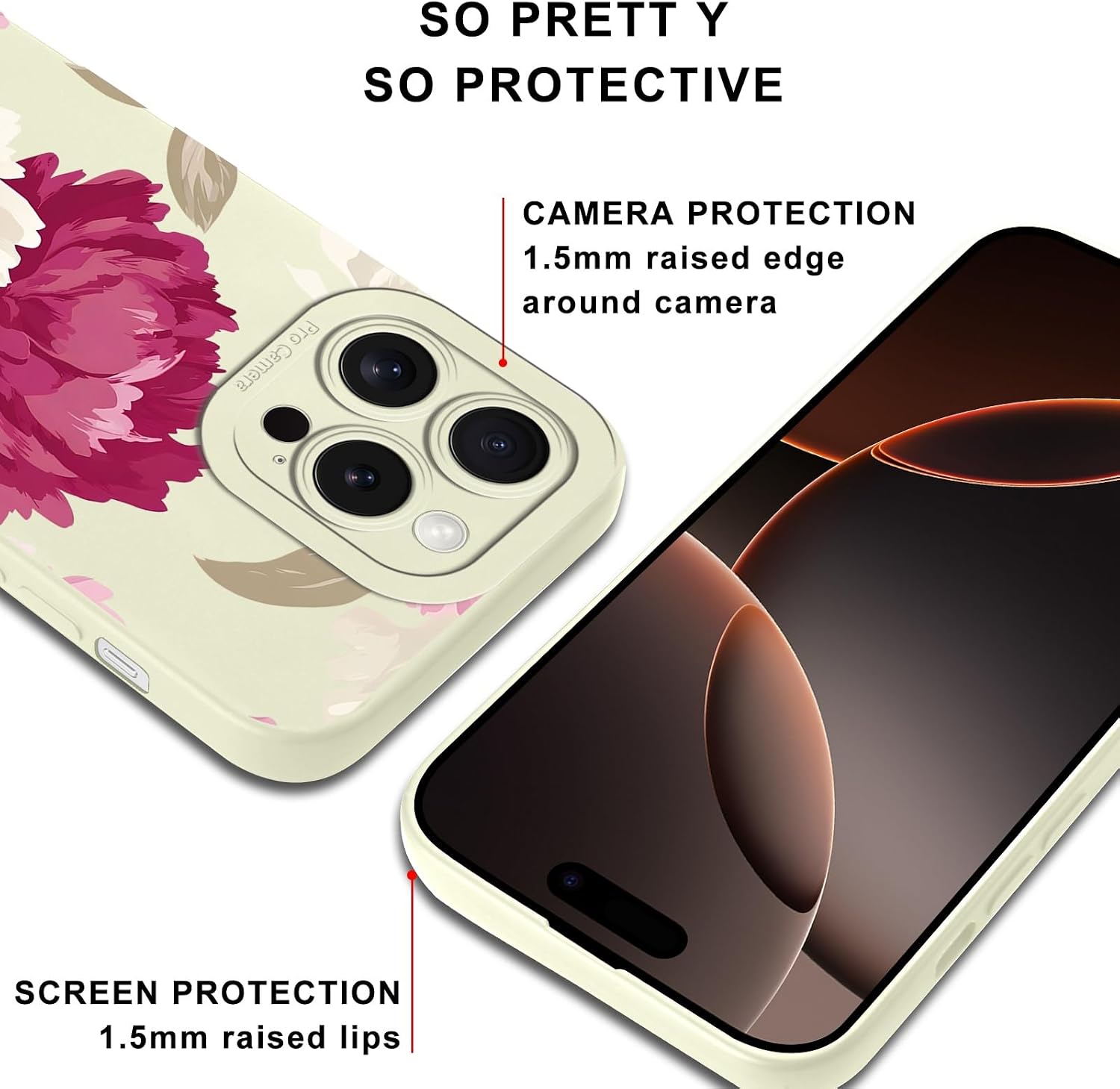 Pink Cute White Peony Flower Phone Case for iPhone 16 Pro Max 6.9", Aesthetics Girly Florals Pattern Phone Cover for Girls Women, Full Camera Lens Slim Shockproof Funda for iPhone 16 Pro Max image 2