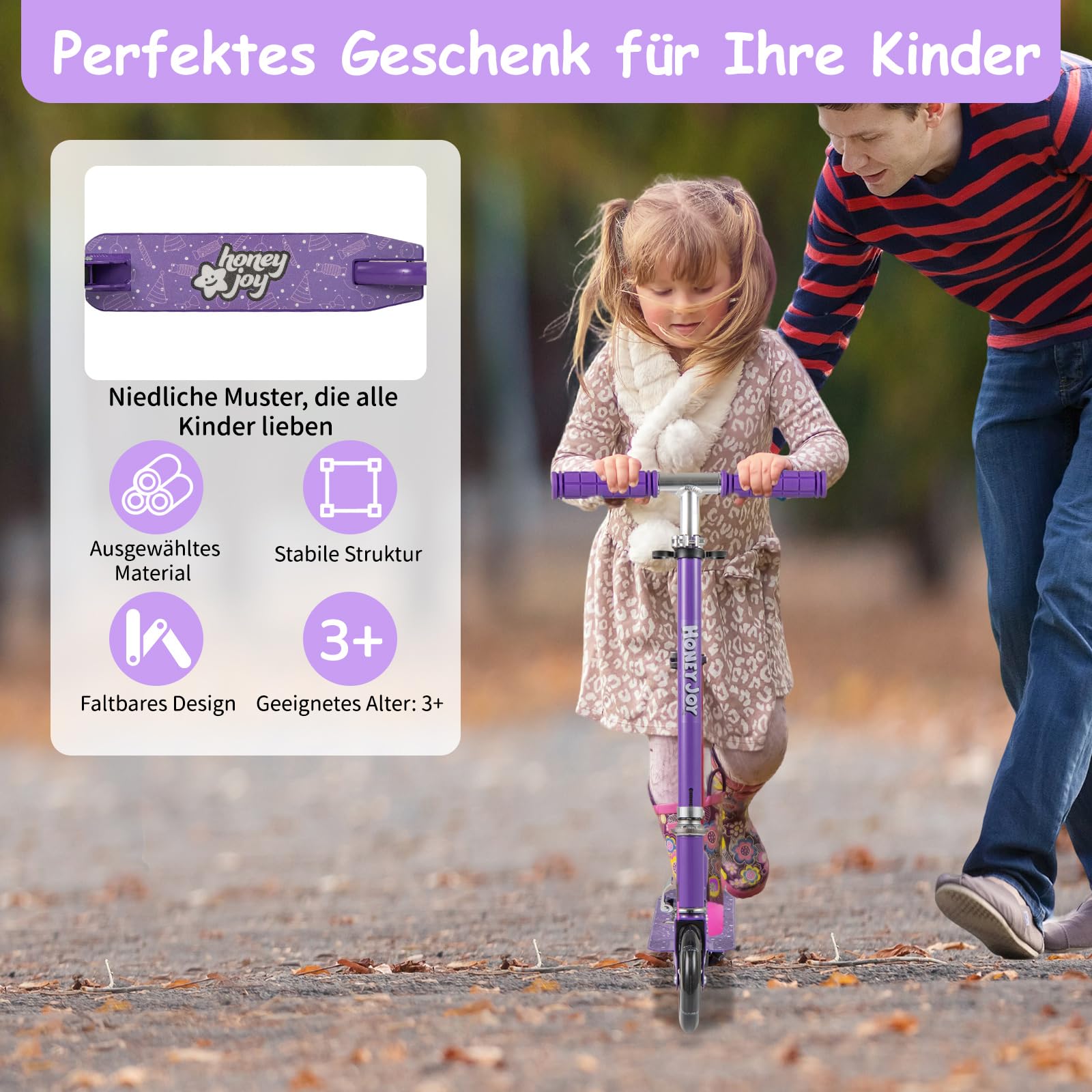 COSTWAY Scooter Kinder Roller, Tretroller mit LED-Räder, Klappbar Lenker, Höhenverstellbar Kinderroller Cityroller Kickscooter für Jungen und Mädchen ab 3 Jahren