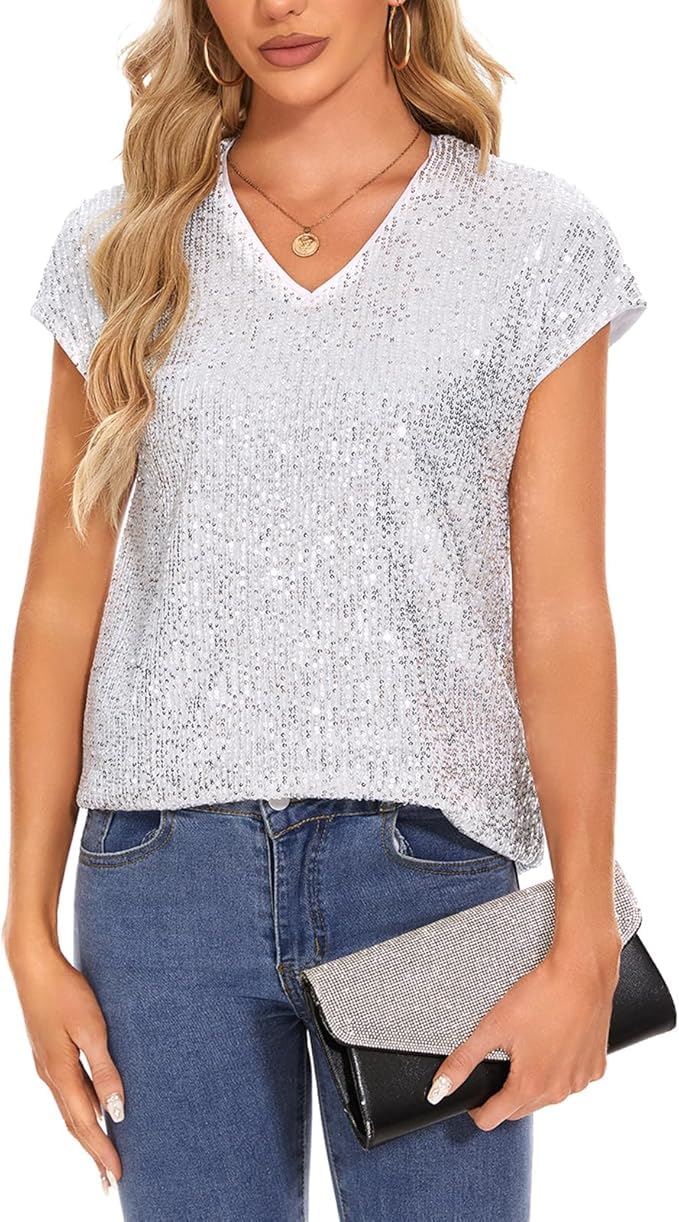 Hauts pour femme - Chemises à paillettes scintillantes - Col en V - Tunique ample à paillettes - Style décontracté