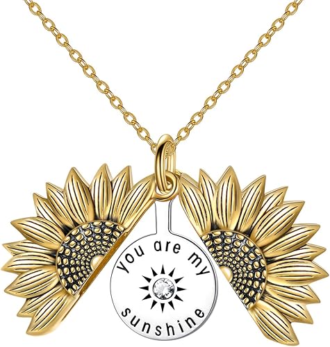 YFN Collar con medallón de girasol de plata de ley con texto en inglés "You Are My Sunshine" con piedra natal grabada, regalo de cumpleaños para
