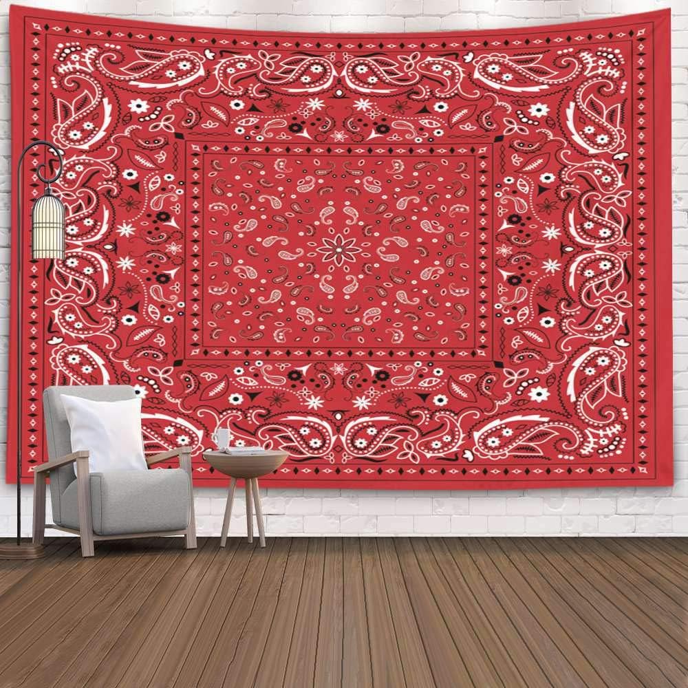 Pamime Art Tapestry,Home Decor Tapestry Red Bandana Wall Hanging Tapestries Dorm Room Bedroom Living Room 60X50 Inches（150X130Cm） Bedspread Inhouse,Red White 3
